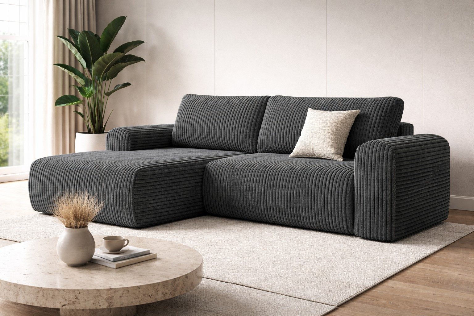 VIVENTE Möbel Ecksofa BERI in breitem CORD Stoff mit Schlaffunktion u. Bettkasten, mit Bettkasten