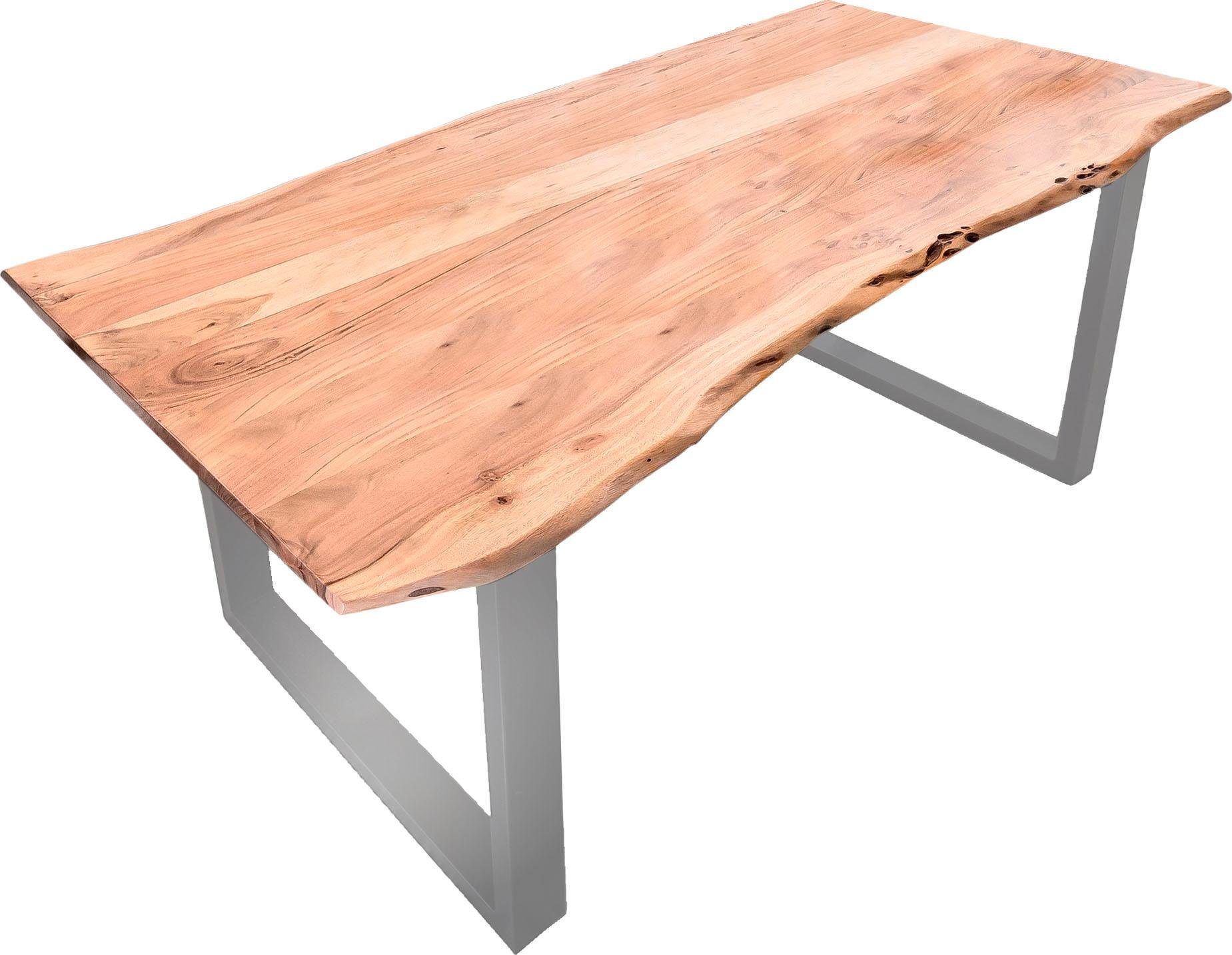 SIT Esstisch Akazienholz Massivholz mit Baumkante & Stahlgestell, Naturbelassene Baumkante trifft auf modernes U-Stahlgestell
