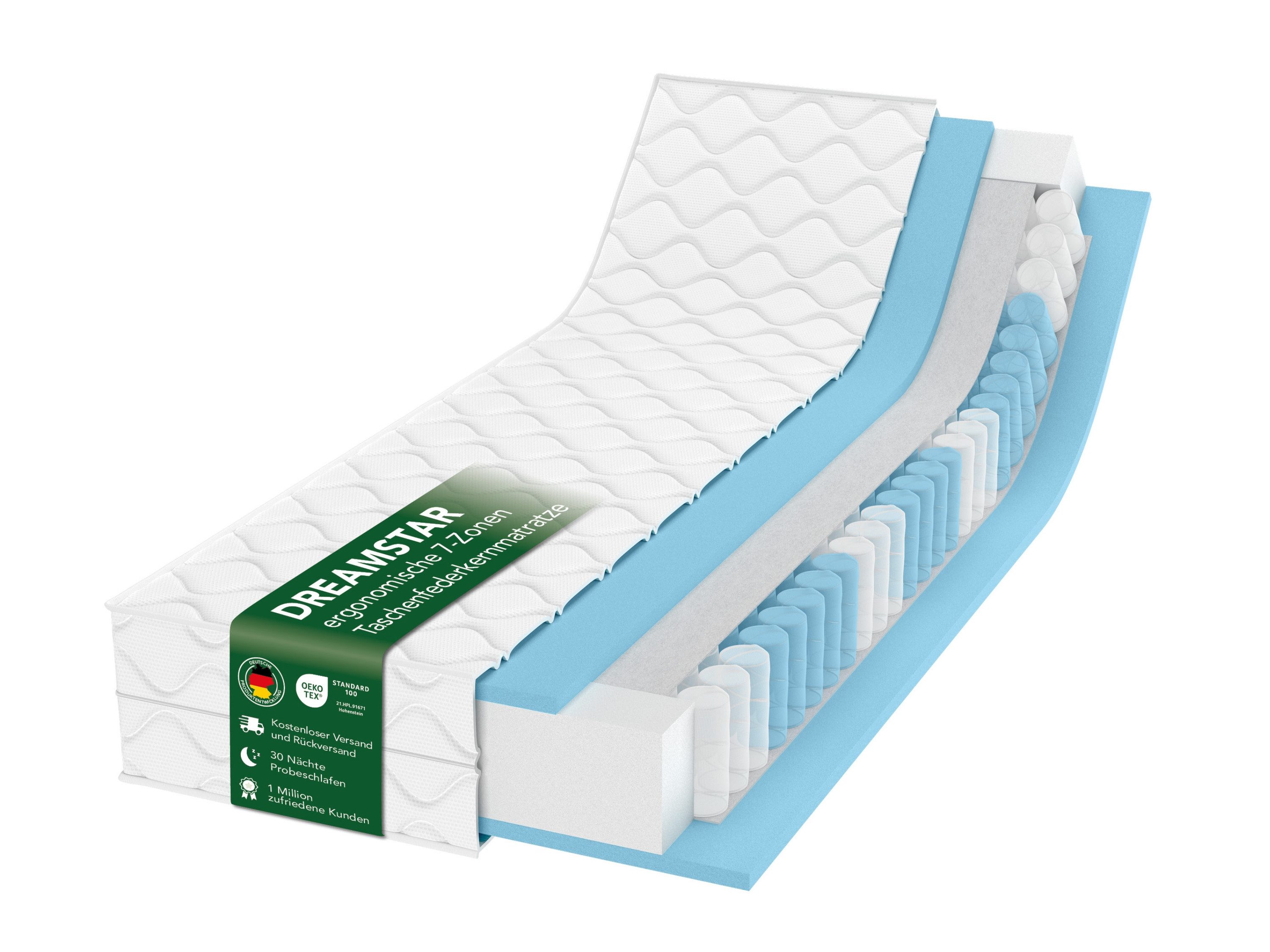 Taschenfederkernmatratze 7-Zonen, Ergo Flex Federkernmatratze H2/H3 - 17, 22 & 25 cm hoch, Dreamstar, ergonomisch, punktelastisch, atmungsaktiv - verschiedene Größen
