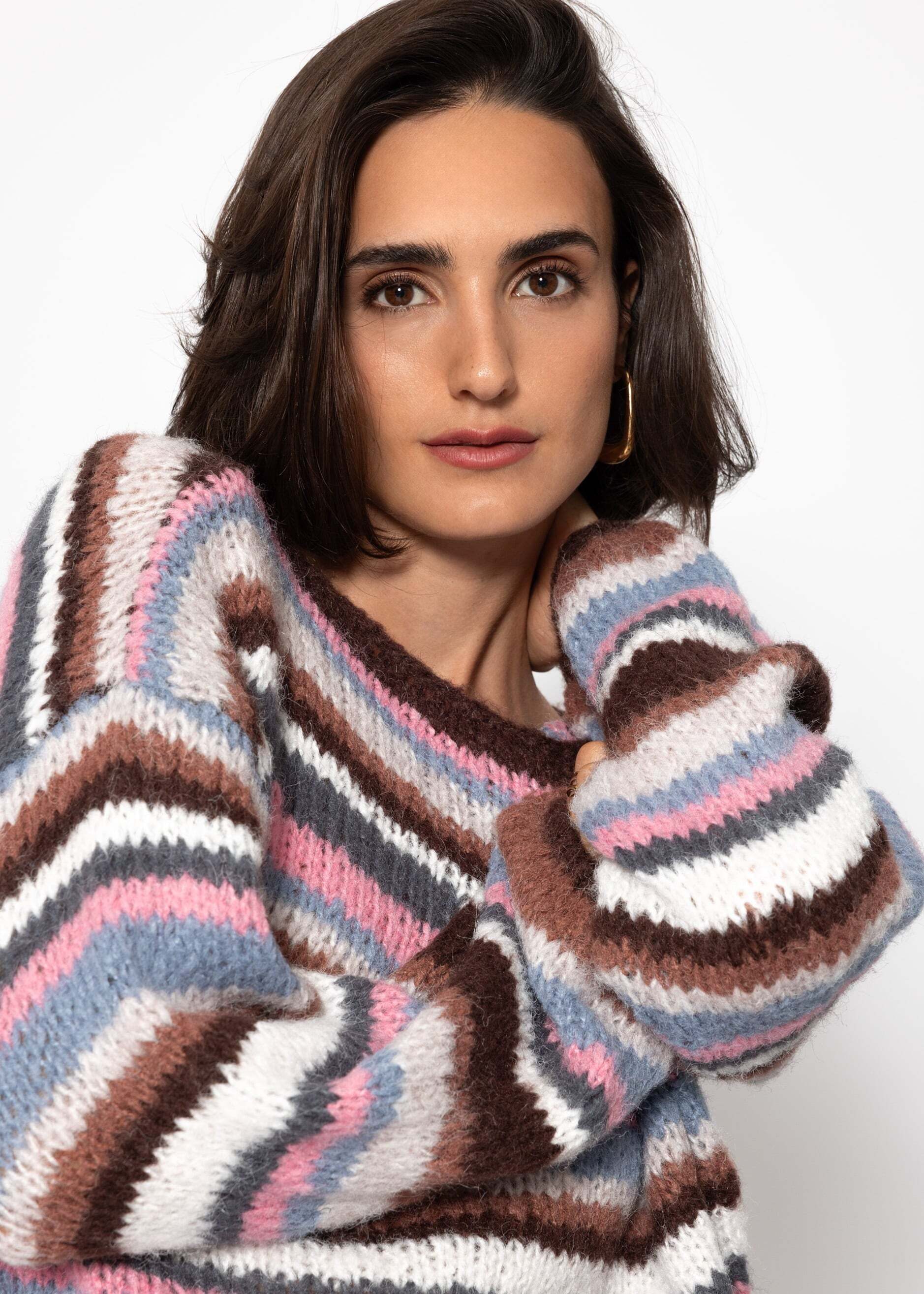 SASSYCLASSY Strickpullover Gestreifter Strickpullover für Damen Mehrfarbiger oversized Pullover in weicher Textur Orange Braun