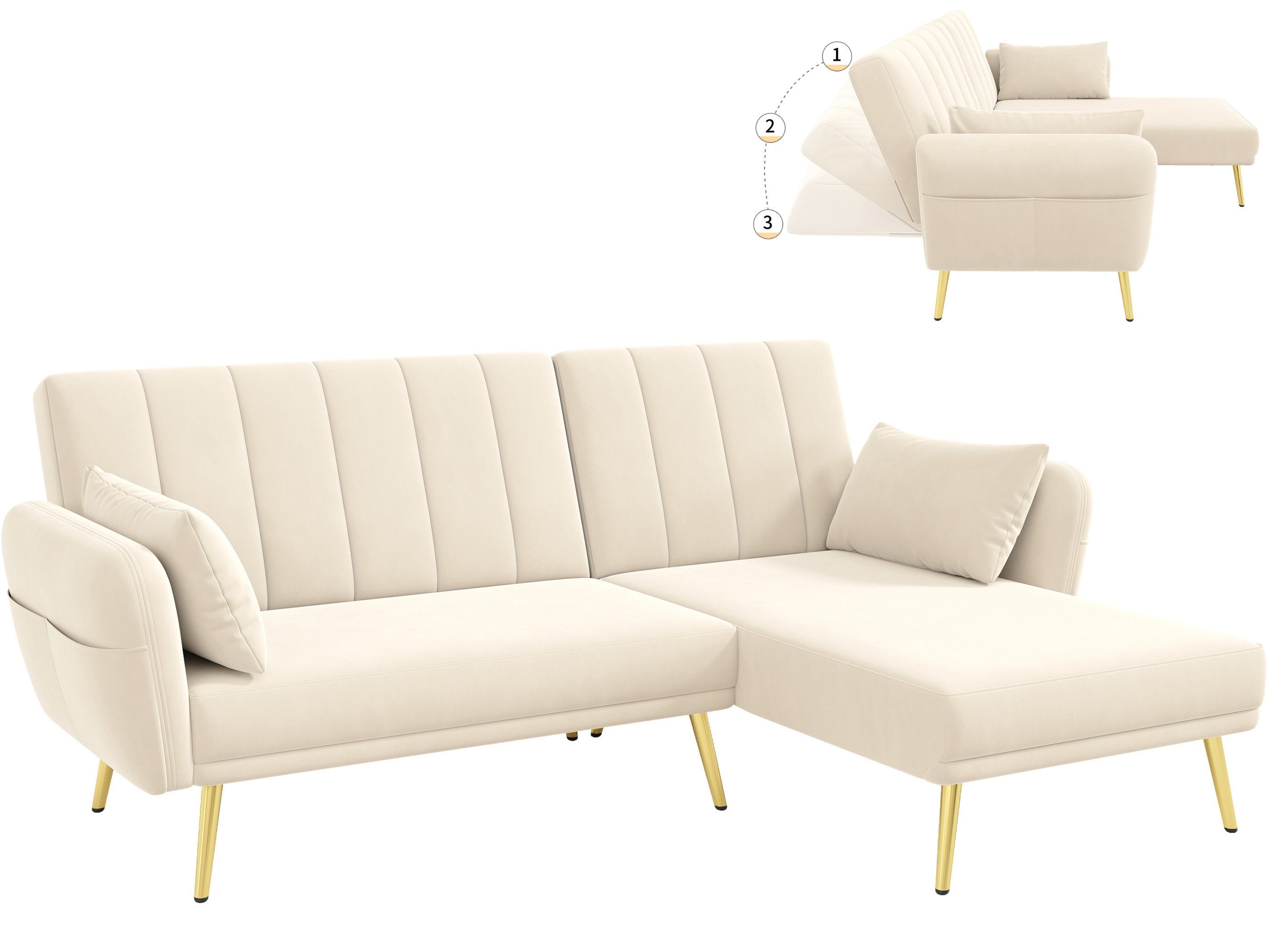 SeedWave Schlafsofa L-Förmiges 3 Sitzer Sofa, Verstellbare Rücklehne mit 3 Liegepositionen, Samt Klappsofa mit Seitentaschen, Recamiere auf Beidseiten installiert