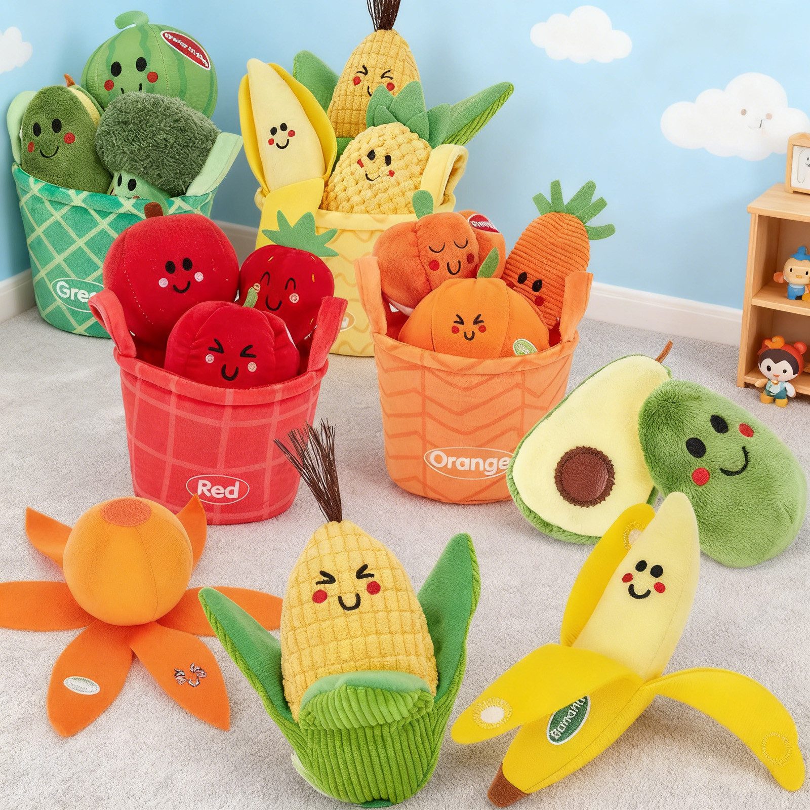 REDOM Kuscheltier Obst- und Gemüse-Stoffspielzeug Sensorik-Spielset Spiellebensmittel (Plüschtier-Set für kleine Hände zum Greifen Sortieren, 16-St., Sinnesanregendes Spielzeugset Fördert Motorik und Farberkennung), Lernspielzeug für Babys ab 6 Monaten