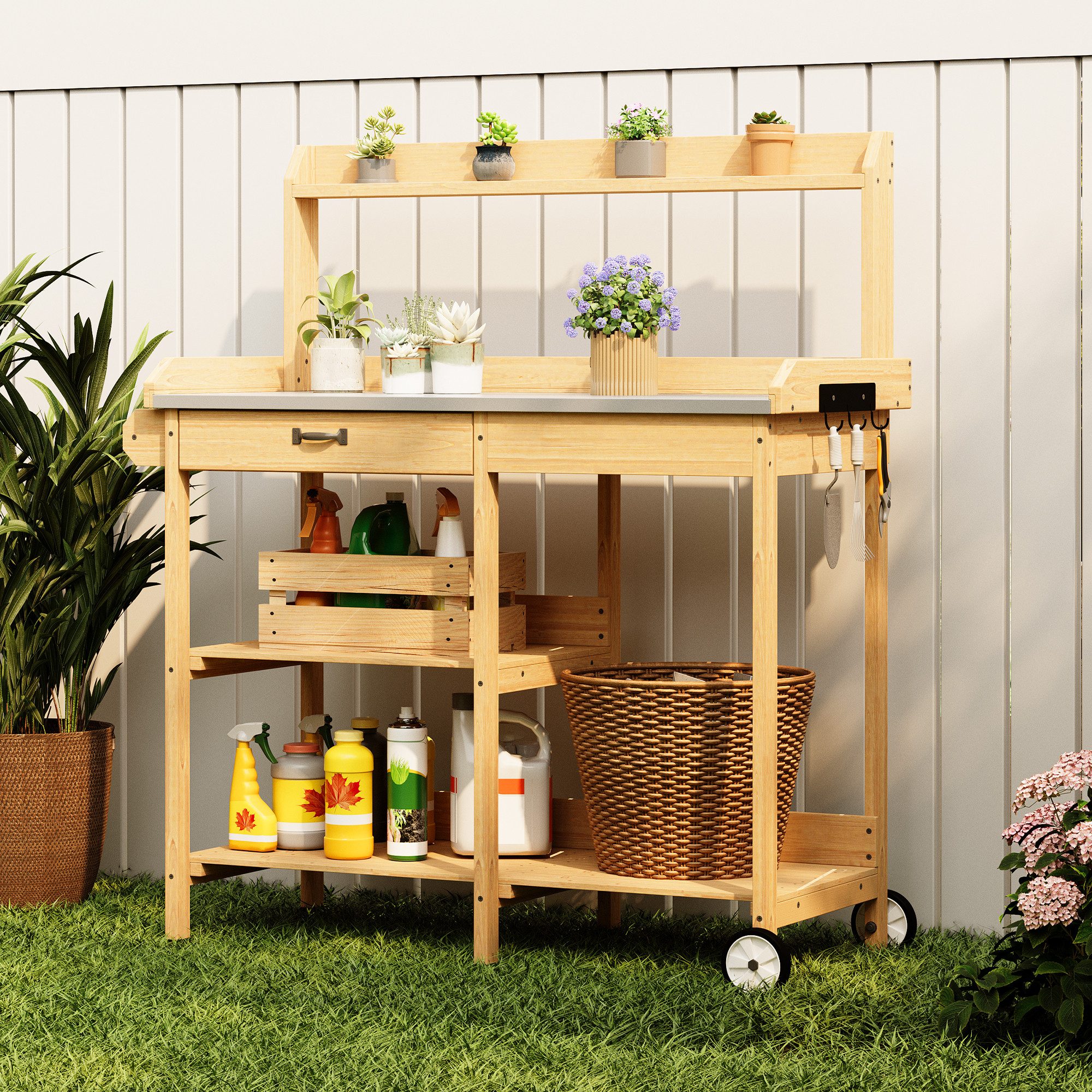 Bealife Garten-Geräteschrank Pflanztisch, Gärtnertisch, Pflanzenregal Mit Rollen, (Set), mit Schubladen, Ablagefläche und Haken,108 x 43 x 120 cm