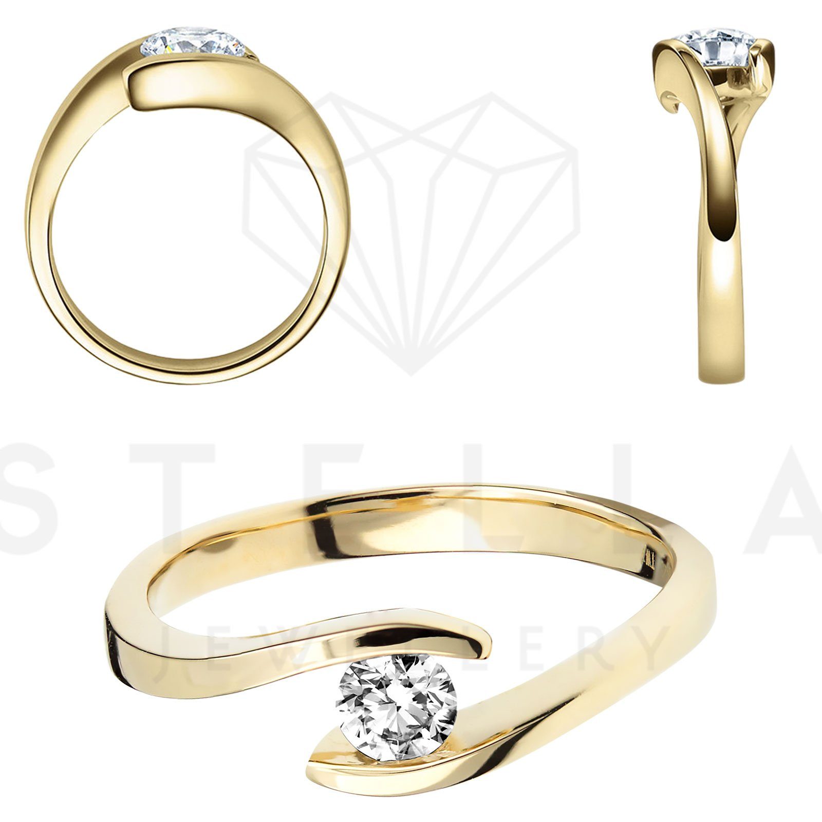 Herren Schmuck Stella-Jewellery Verlobungsring Verlobungsring Spannring 585 Gelbgold Diamant Gr54 (inkl. Etui), mit Brillant 0,1