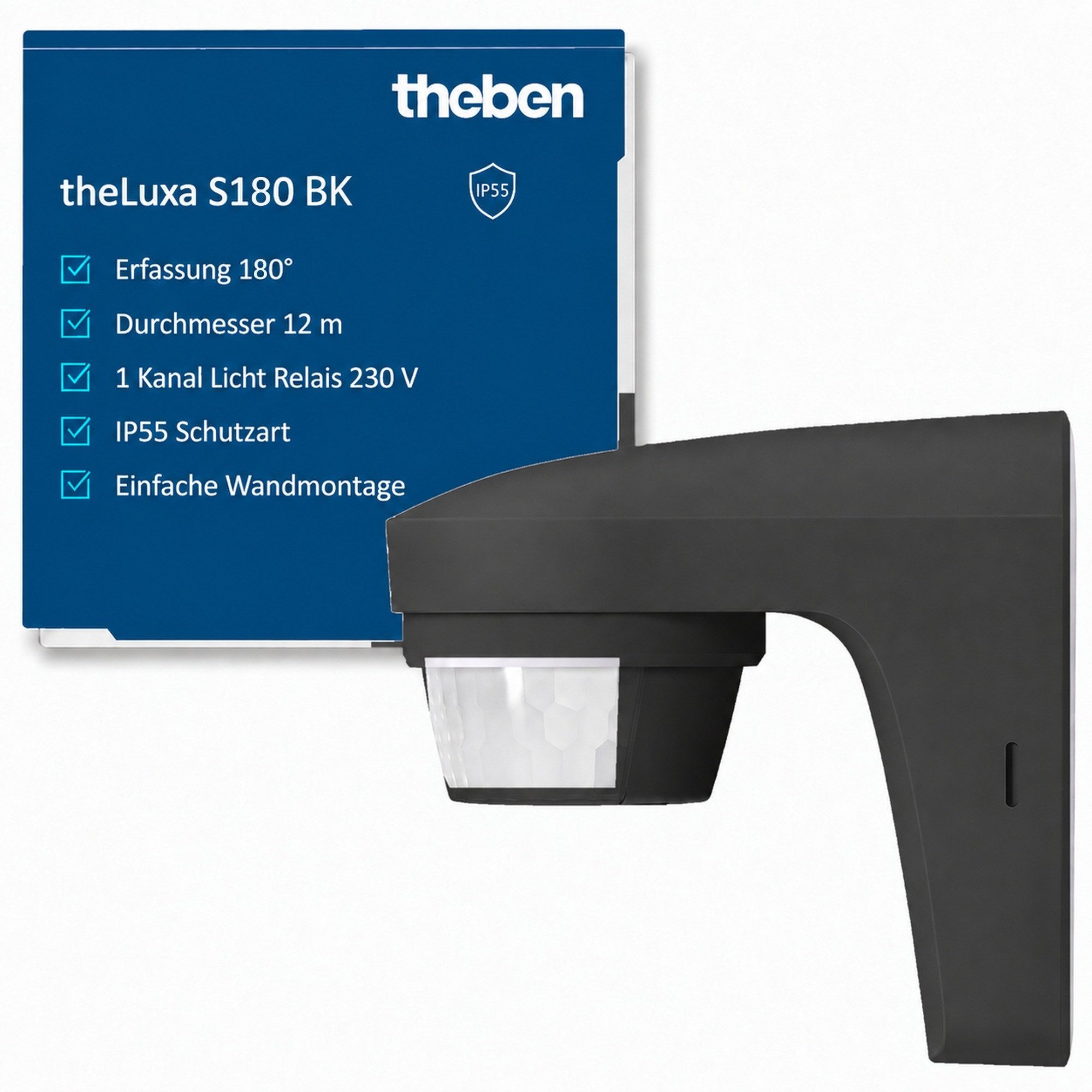 theben Bewegungsmelder theLuxa S180 BK 1010506 Bewegungsmelder, Wandmontage, 180°, Carport/Einfahrt/Hof, drehbar/neigbar