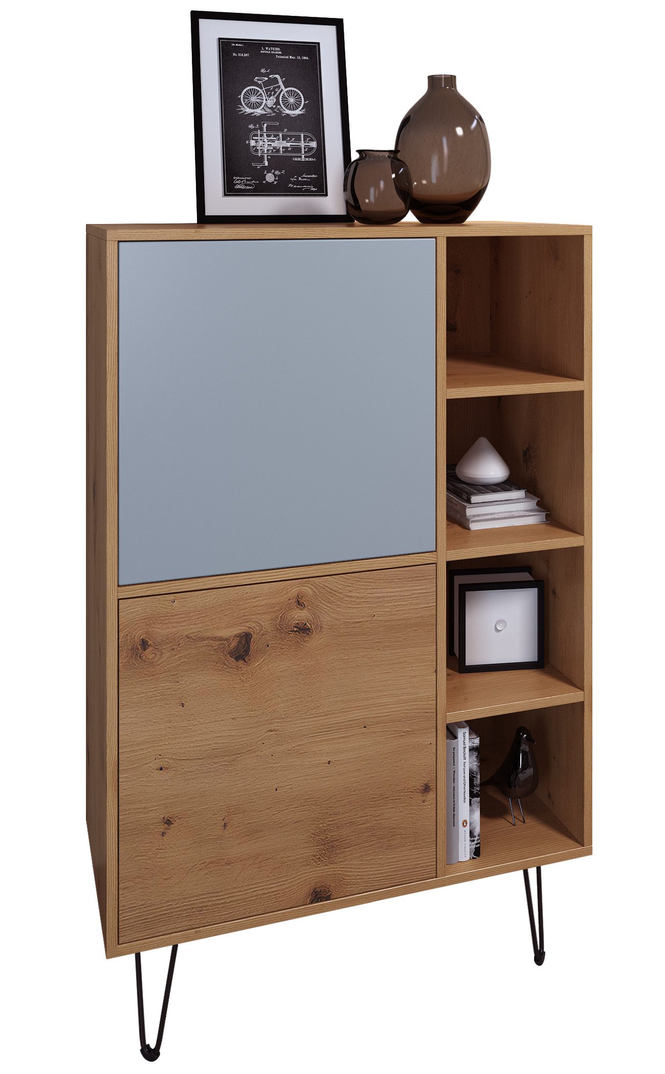 Vladon Highboard Havana V1 (Schrank mit 2 Türen und 4 offene Fächer, Kommode Made in Germany), Eiche Evoke / Denim matt (124 x 79 x 35 cm)
