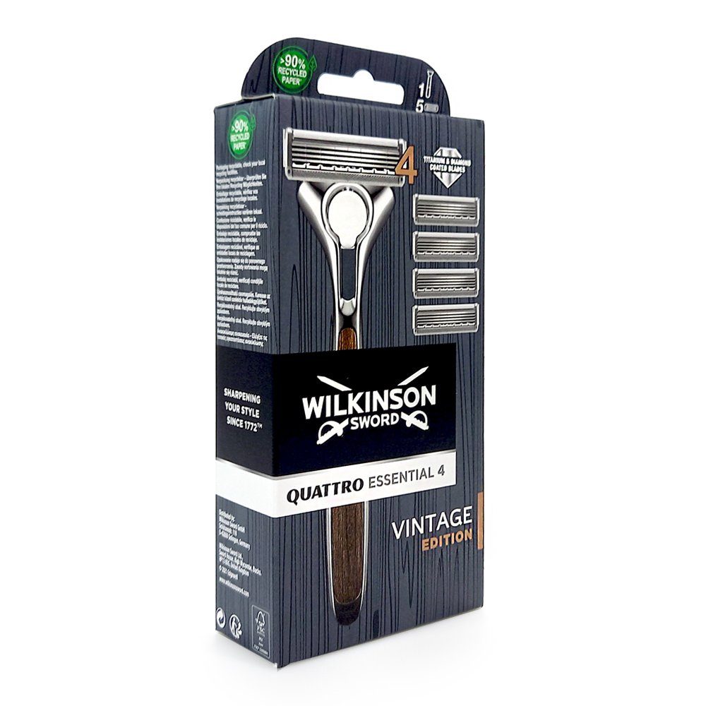 Wilkinson Nassrasierer Quattro Essential 4 Vintage mit 4 Ersatzklingen, Spar-Set, edler Griff in Vintage Design Holzoptik