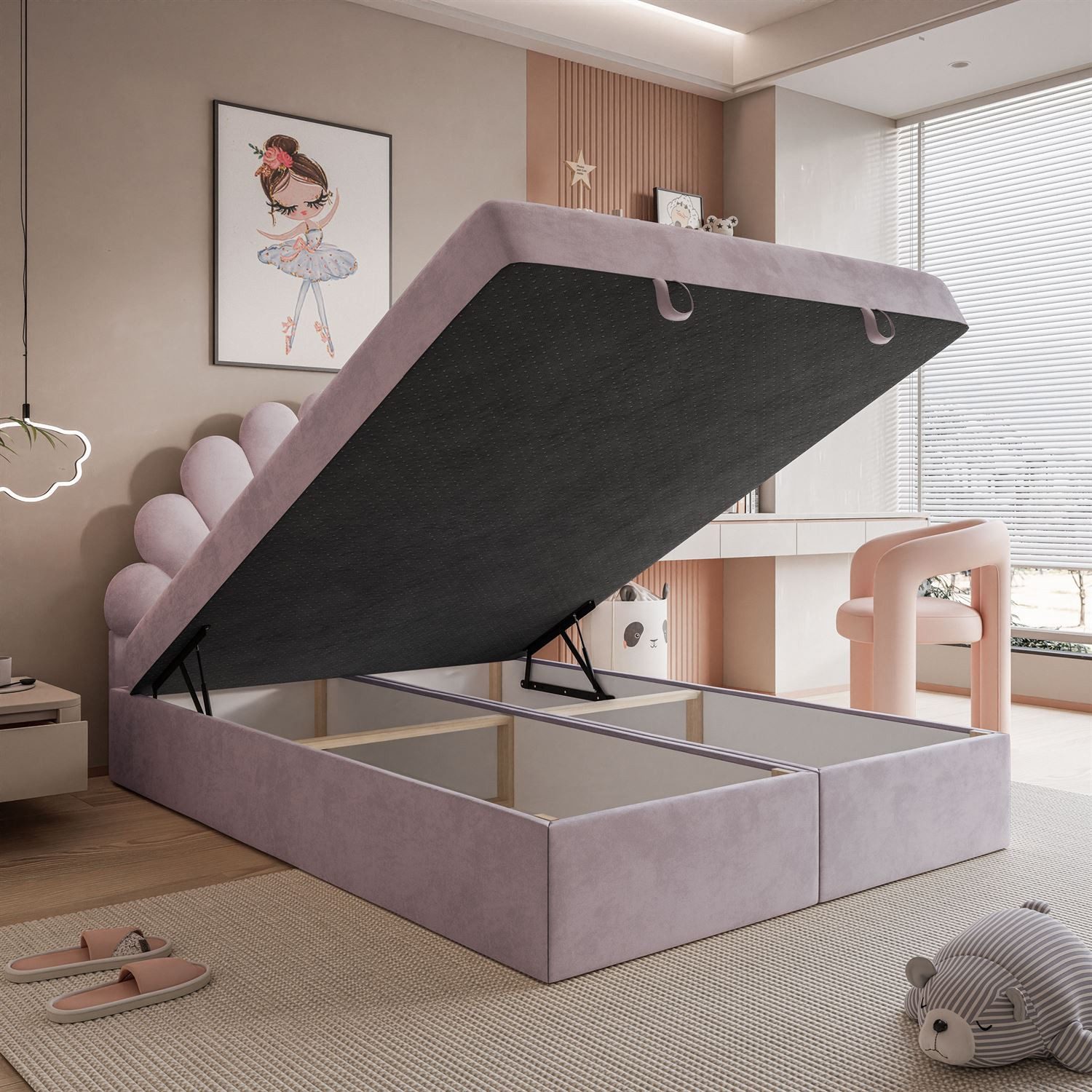 Lookway Boxspringbett ASHLEY Polsterbett mit Muschel-Kopfteil und Bettkasten (Boxspringbett mit Topper), gepolstertes Kopfteil