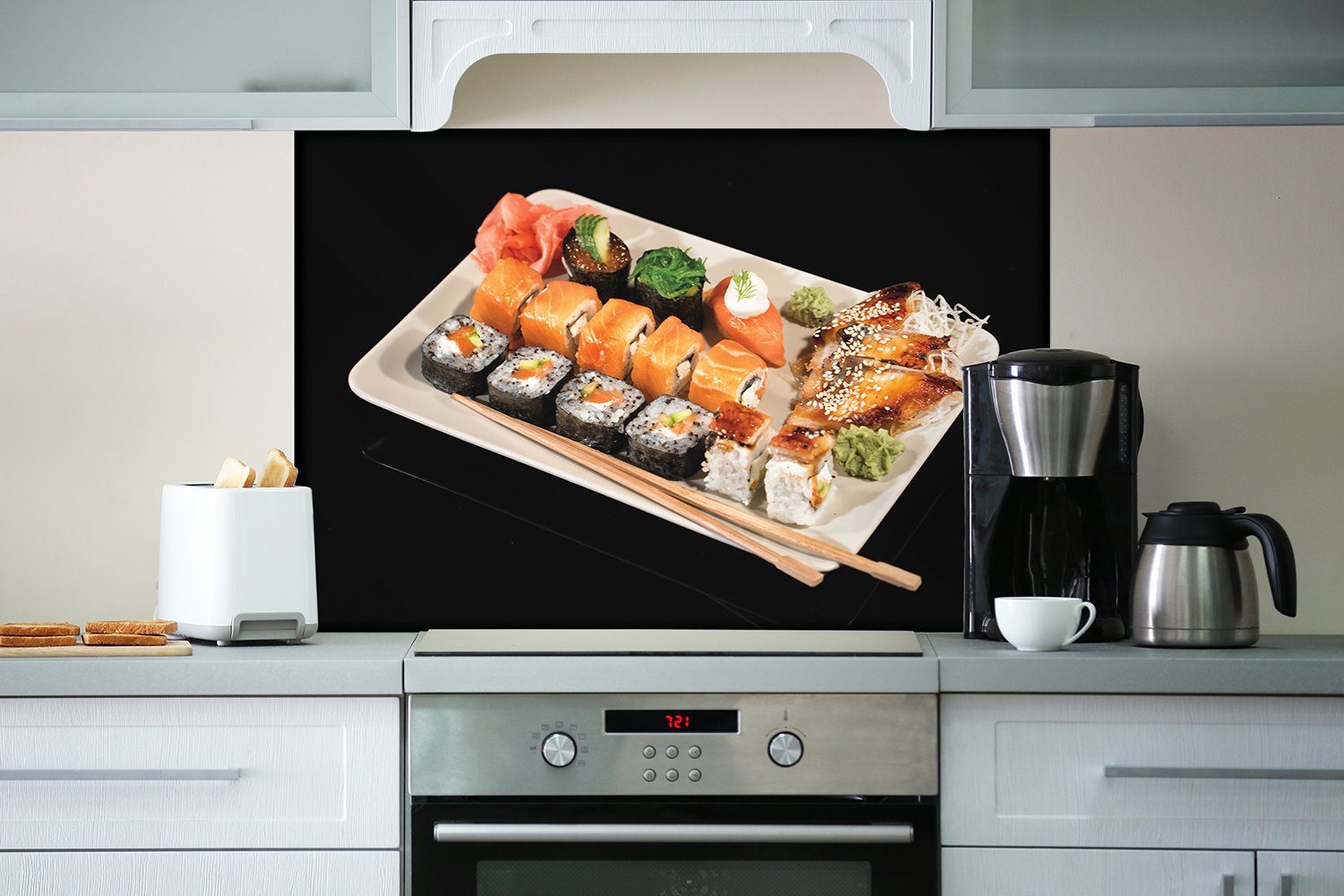 mit Küchenrückwand Nigiri Wallario und Sushi, Wasabi, (1-tlg) Sushi-Menü Inside-Out