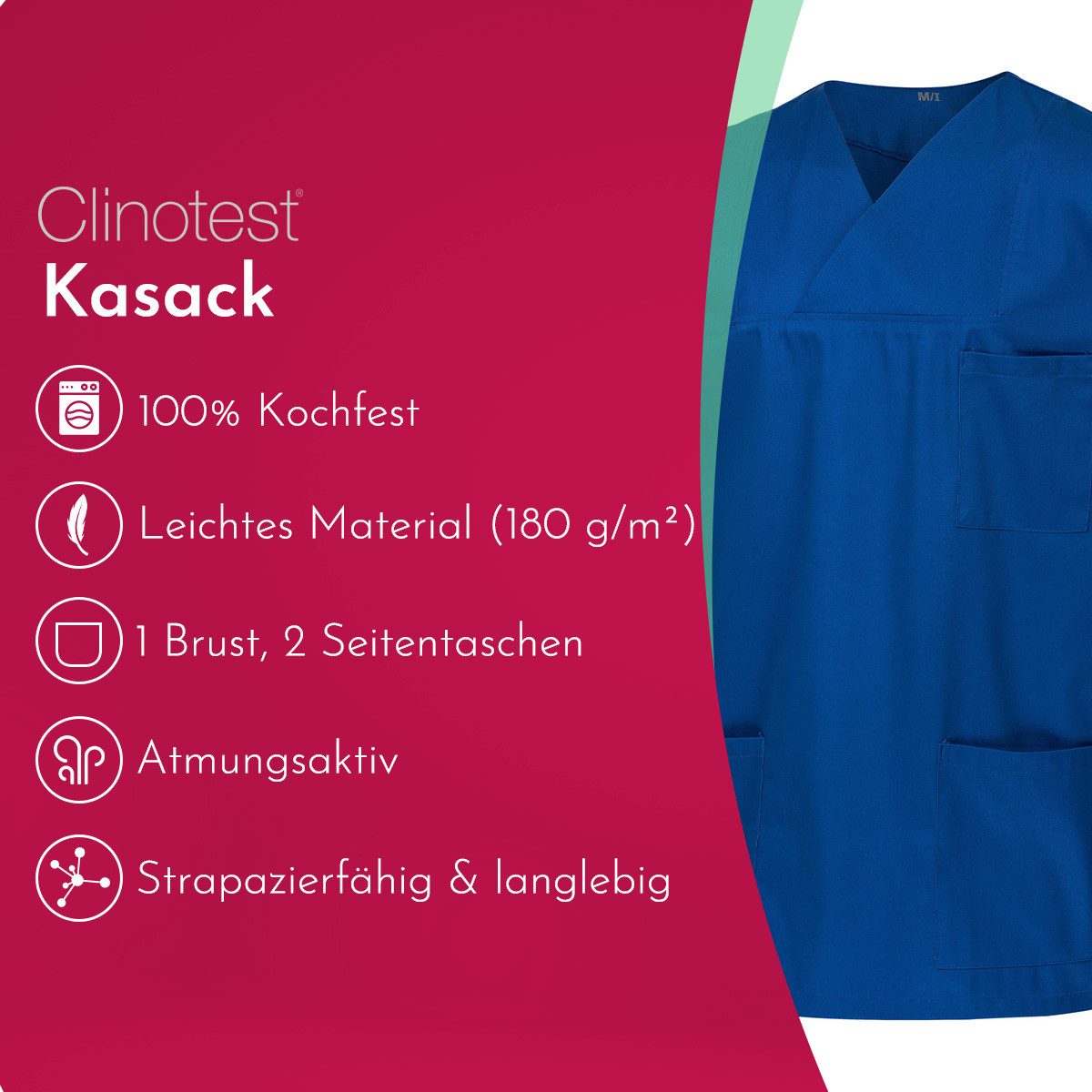 Clinotest Funktionsbluse Kasack Damen & Herren - 95 Grad waschbare, kochfest ohne einzulaufen (1-tlg) Schlupfkasack aus Baumwolle & Polyester - Berufsbekleidung – Bild 2 von 5