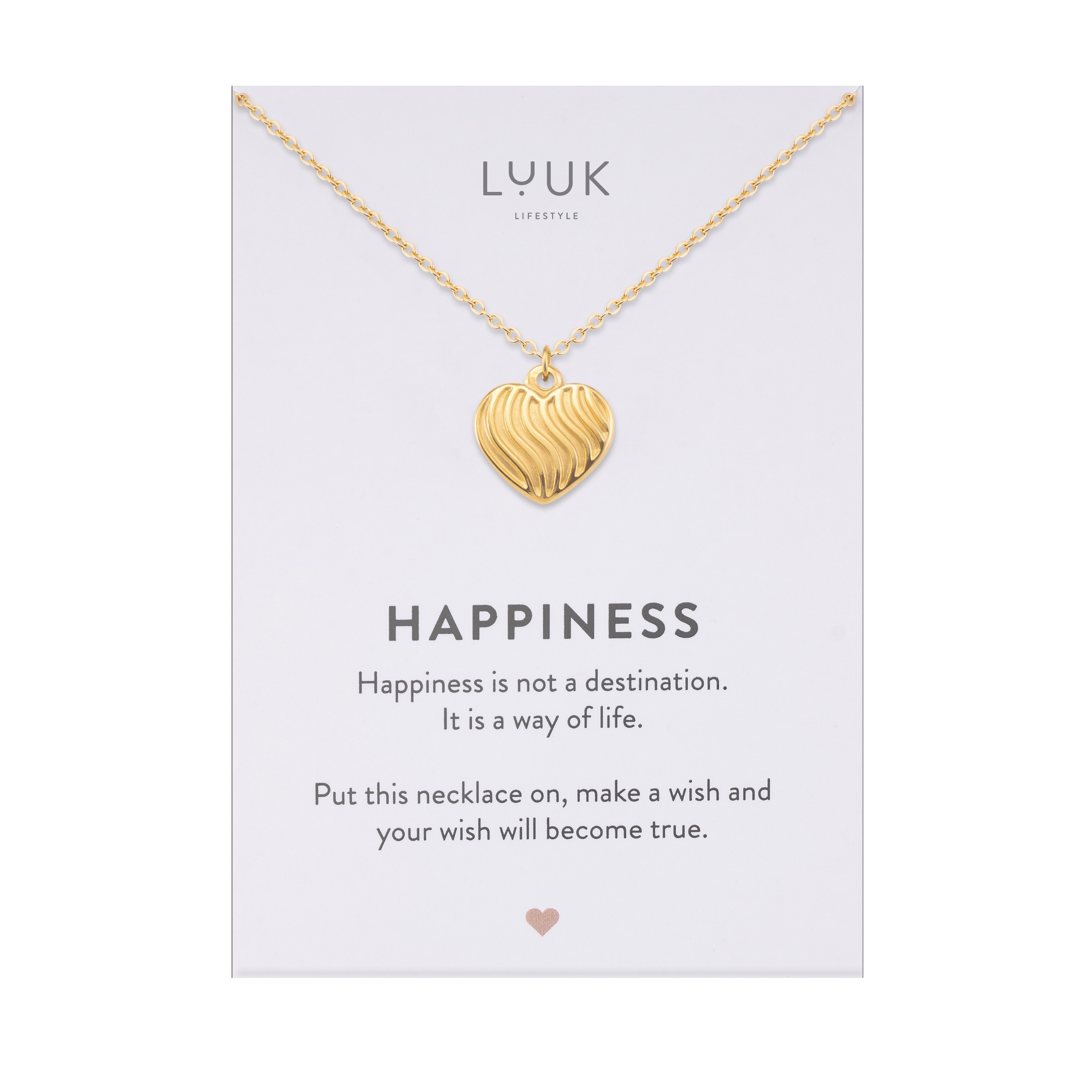 LUUK LIFESTYLE Kette mit Anhänger Geriffeltes Herz, mit HAPPINESS Spruchkarte, feminin und niedlich
