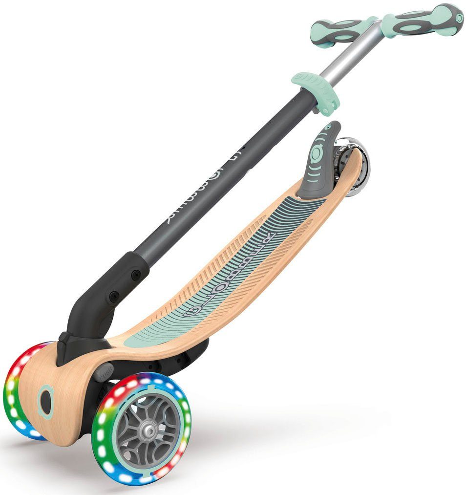 grün WOOD und Dreiradscooter toys mit LIGHTS, authentic FOLDABLE sports & Holzdeck PRIMO Globber Leuchtrollen