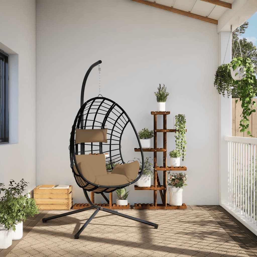 vidaXL Hollywoodschaukel Hängesessel Ei-Design mit Ständer Taupe Rattan und Stahl, 1-Sitzer, 1 tlg.