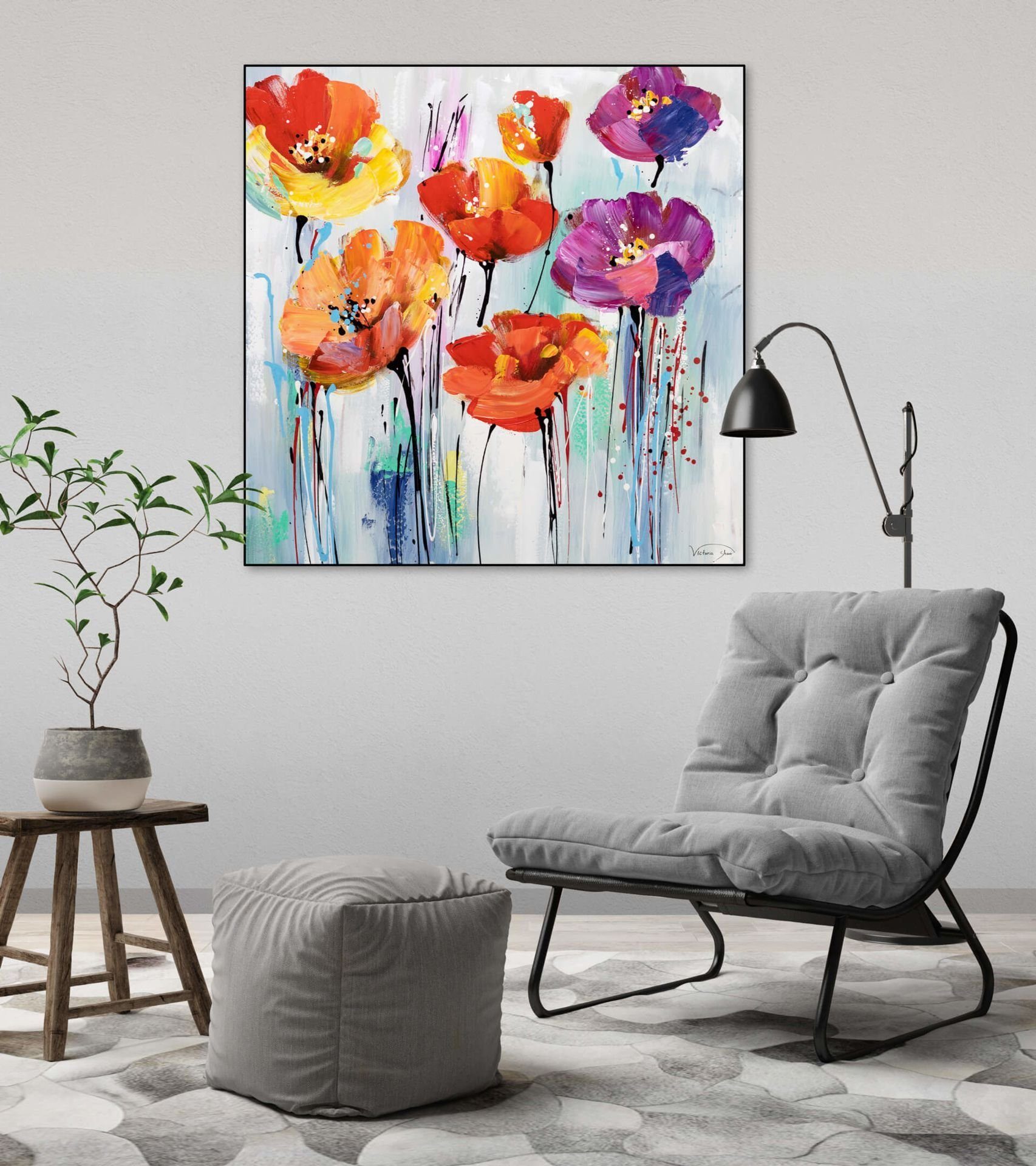 KUNSTLOFT Gemälde Bunter Blumengruß 80x80 cm, Wohnzimmer HANDGEMALT 100% Leinwandbild Wandbild