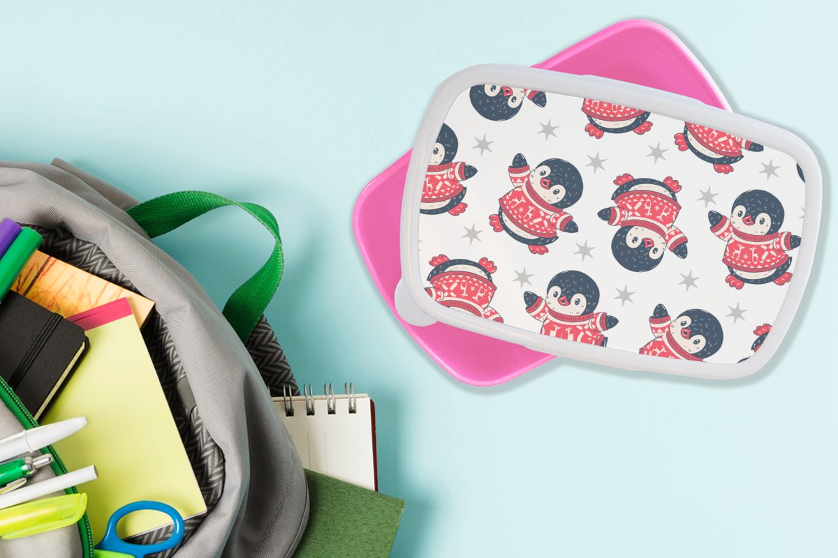 Kinder, - Brotbox Erwachsene, Lunchbox Snackbox, (2-tlg), Kunststoff, rosa Sterne, - Mädchen, MuchoWow für Kunststoff Pinguin Brotdose Muster