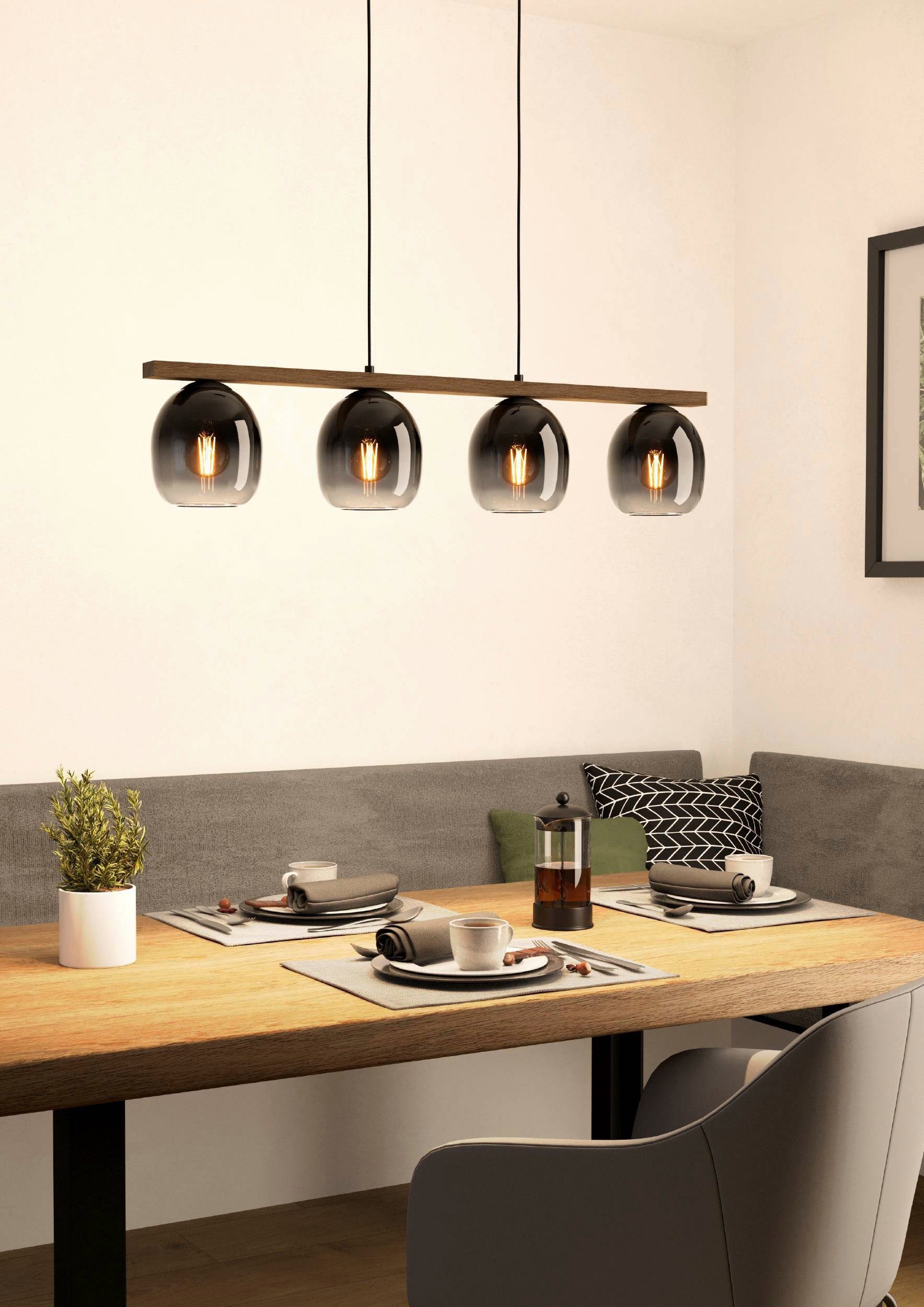 EGLO Hängeleuchte FILAGO Pendellampe, Stahl, Holz und Glas, E27, IP20, Esszimmerlampe, Leuchtmittel wechselbar, ohne Leuchtmittel, Hängeleuchte 4-flammig - für Küche, Esszimmer oder Wohnzimmer