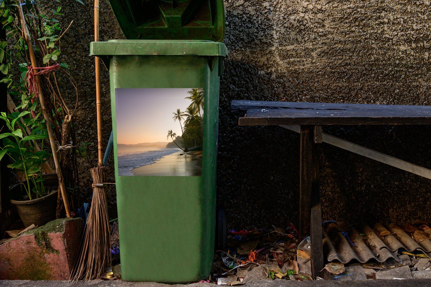 Sticker, - Meer St), Abfalbehälter Wandsticker Mülleimer-aufkleber, Strand Palme Container, - (1 Mülltonne, MuchoWow