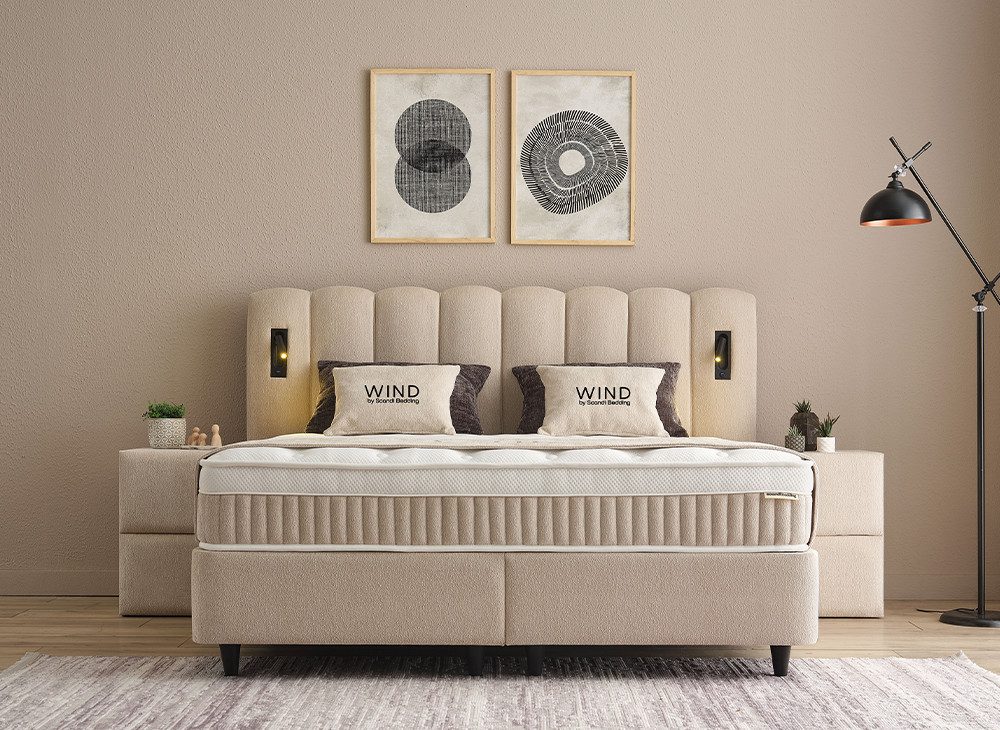 abc bedding Boxspringbett WIND Luxus Stauraumbett - Boxbett mit Bettkasten - Komfortbett (Spar-Set, Funktionsbett mit Bettkasten 160x200 & 180x200 cm), Voll-orthopädisches Doppelbett - Premium Schlafkomfort