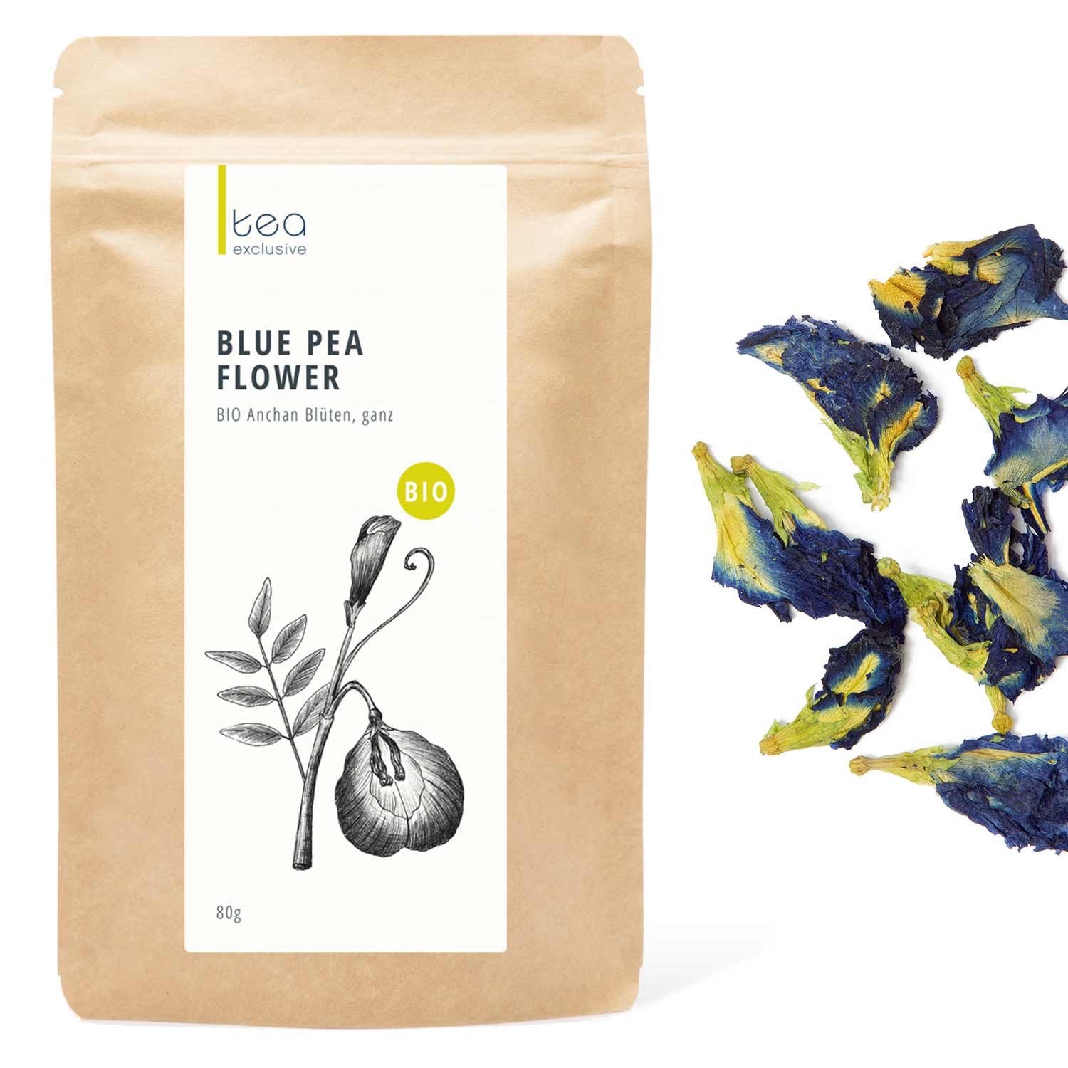 tea exclusive Tee Blue Pea Flower, Anchan Blüten (Clitoria ternatea), 80g Beutel