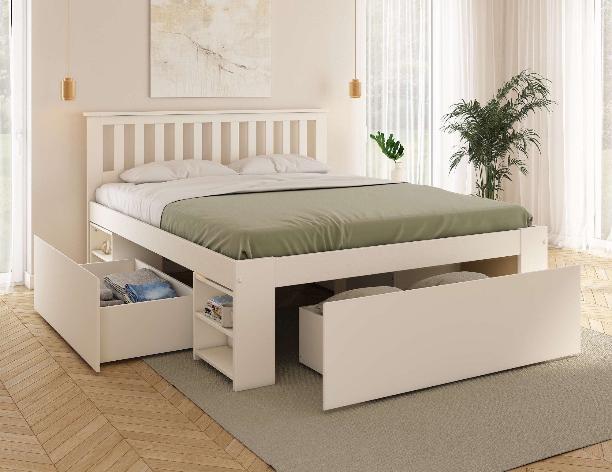 OTTO home Massivholzbett Kallvin, platzsparend, 3 Bettkästen, Nachtschränke ausziehbar (Liegefläche 160cmx200cm), inklusive Lattenrost, ideal fürs Jugendzimmer und kleine Räume, FSC®