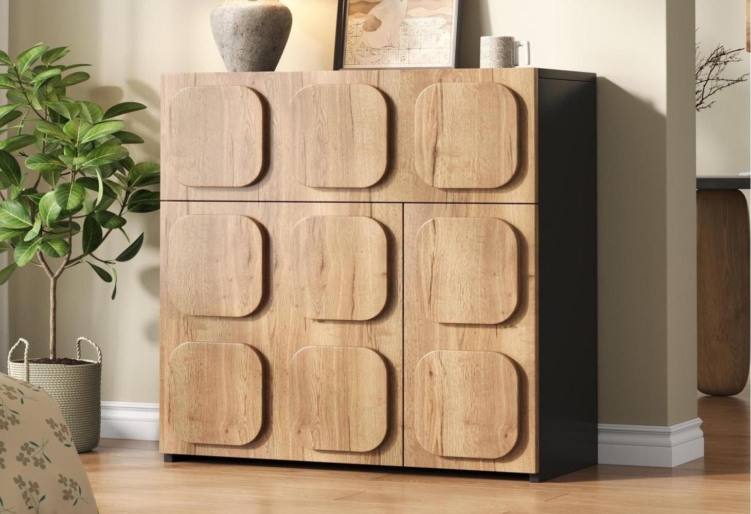 LVHOM Kommode Retro-Holzoptik mit schwarzen Seitenwänden, einzigartiges Design (mehrere Fächer, viel Stauraum, 50 kg Tragfähigkeit, aus Massivholz und MDF gefertigt, stabiles Gestell, robust und langlebig), für Wohnzimmer,Esszimmer und Flure,vereint Funktionalität und Ästhetik