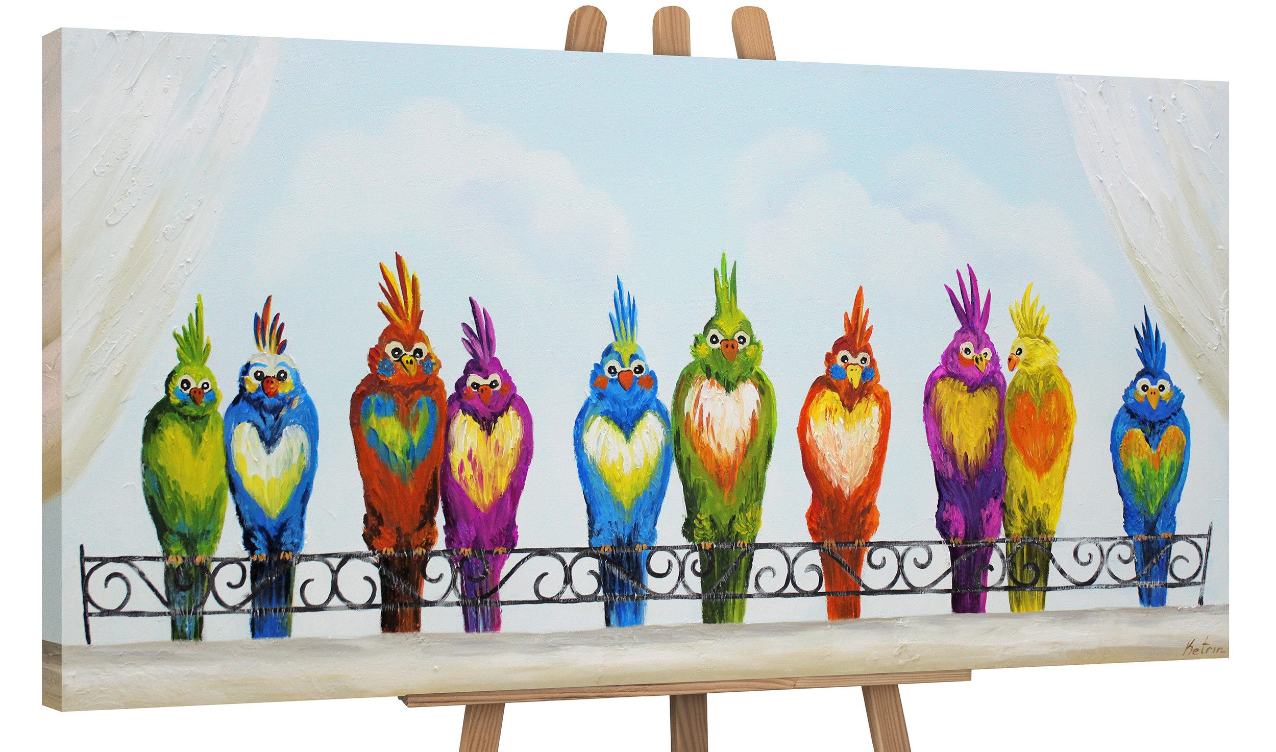 YS-Art Gemälde Lustige Vögel, Tiere, Papagei auf Leinwand Bild Handgemalt Bunte Lustige Vögel