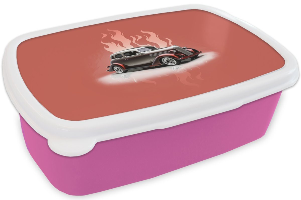 Lunchbox - (2-tlg), Mädchen, Rosa Auto Kunststoff, Flammen, - Brotbox Erwachsene, Snackbox, Vintage für Brotdose Kinder, Kunststoff MuchoWow -