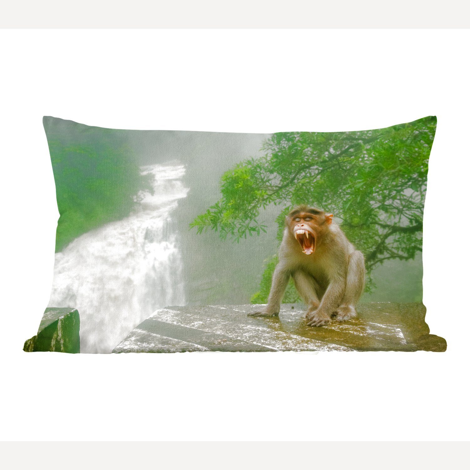MuchoWow Dekokissen Schreiender Affe vor Wasserfall, Wohzimmer Dekoration, Zierkissen, Dekokissen mit Füllung, Schlafzimmer