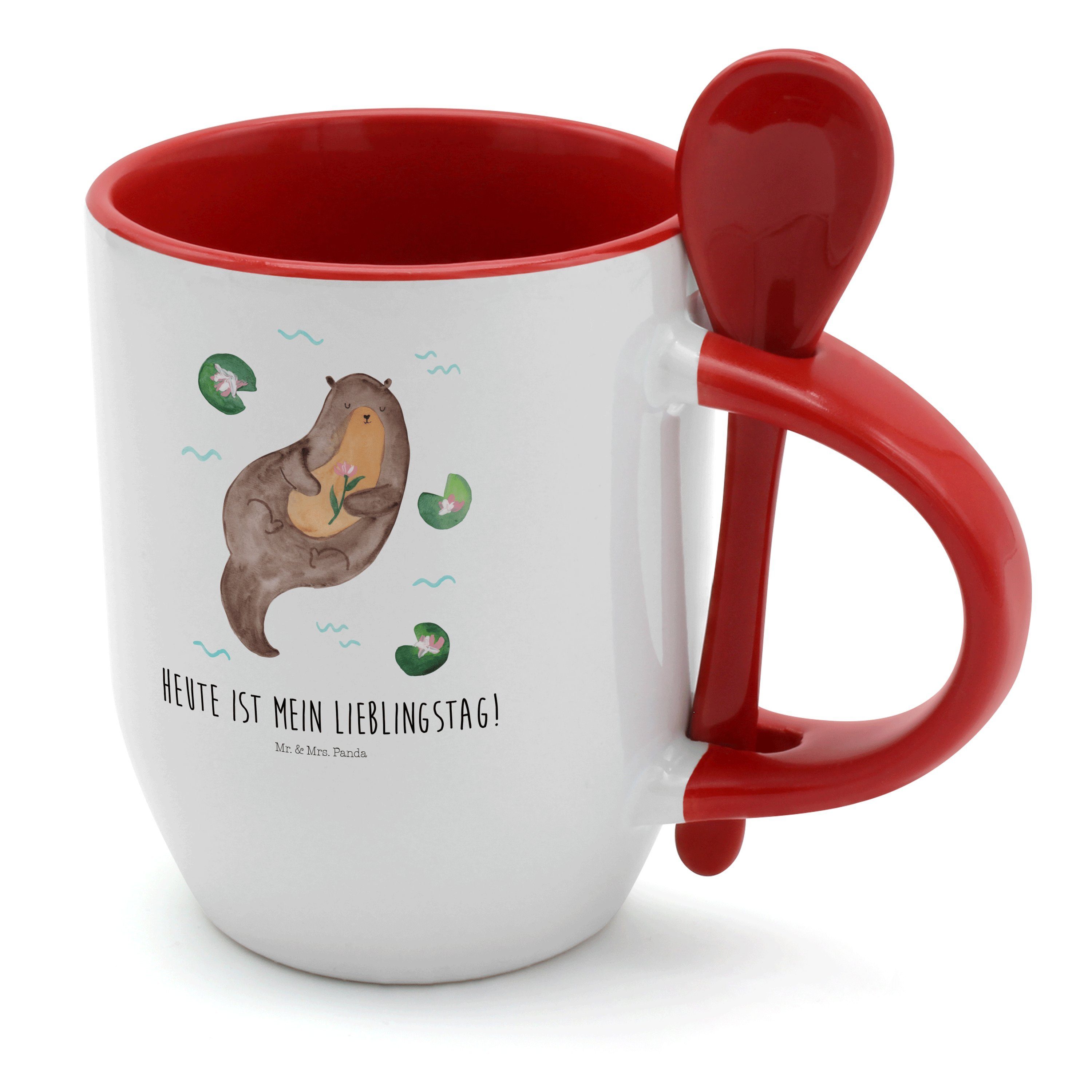 Mr. & Mrs. Panda Tasse Otter mit Seerose - Weiß - Geschenk, Tassen, Kaffeetasse, Seeotter, T, Keramik