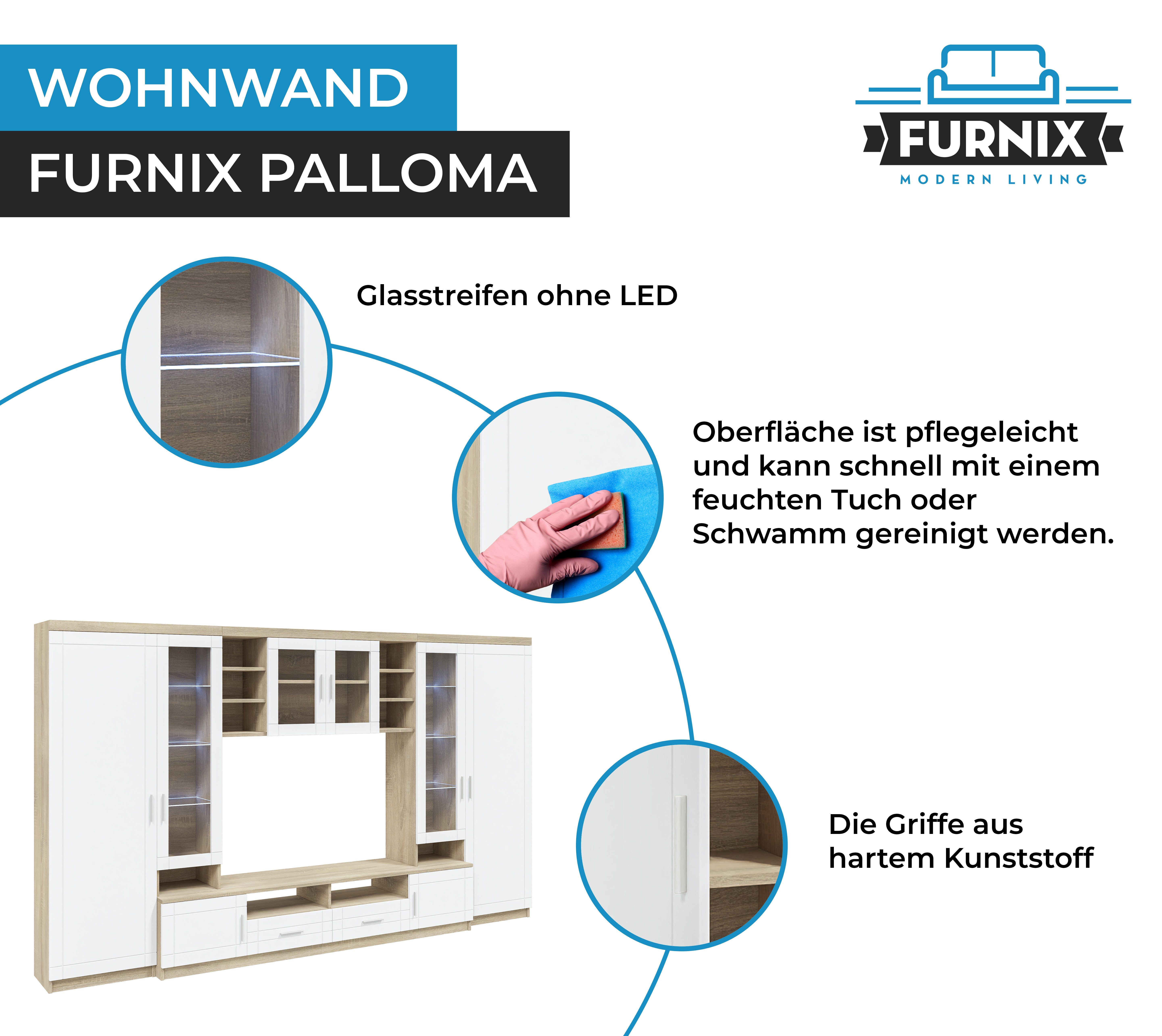 Furnix Wohnwand PALLOMA 2 T44 Weiß Schrankwand cm x Sonoma Hochschränke, multifunktionell, B340 TV-Schrank, Hängeschrank, H198 / x