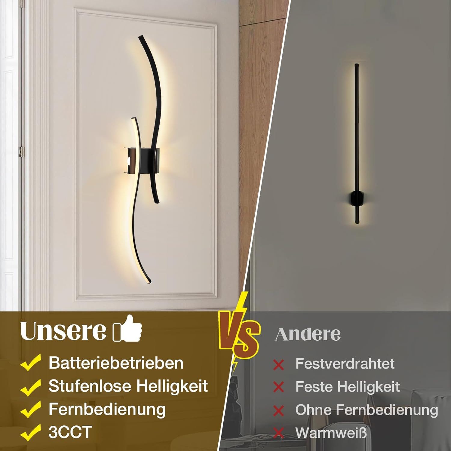 Lapalife Wandleuchte Kabellose Akku Dimmbar&Timing Wandlampe mit Fernbedienung, 2700K-6500K, Wiederaufladbar Wandleuchte für Wohnzimmer Schlafzimmer – Bild 5 von 5