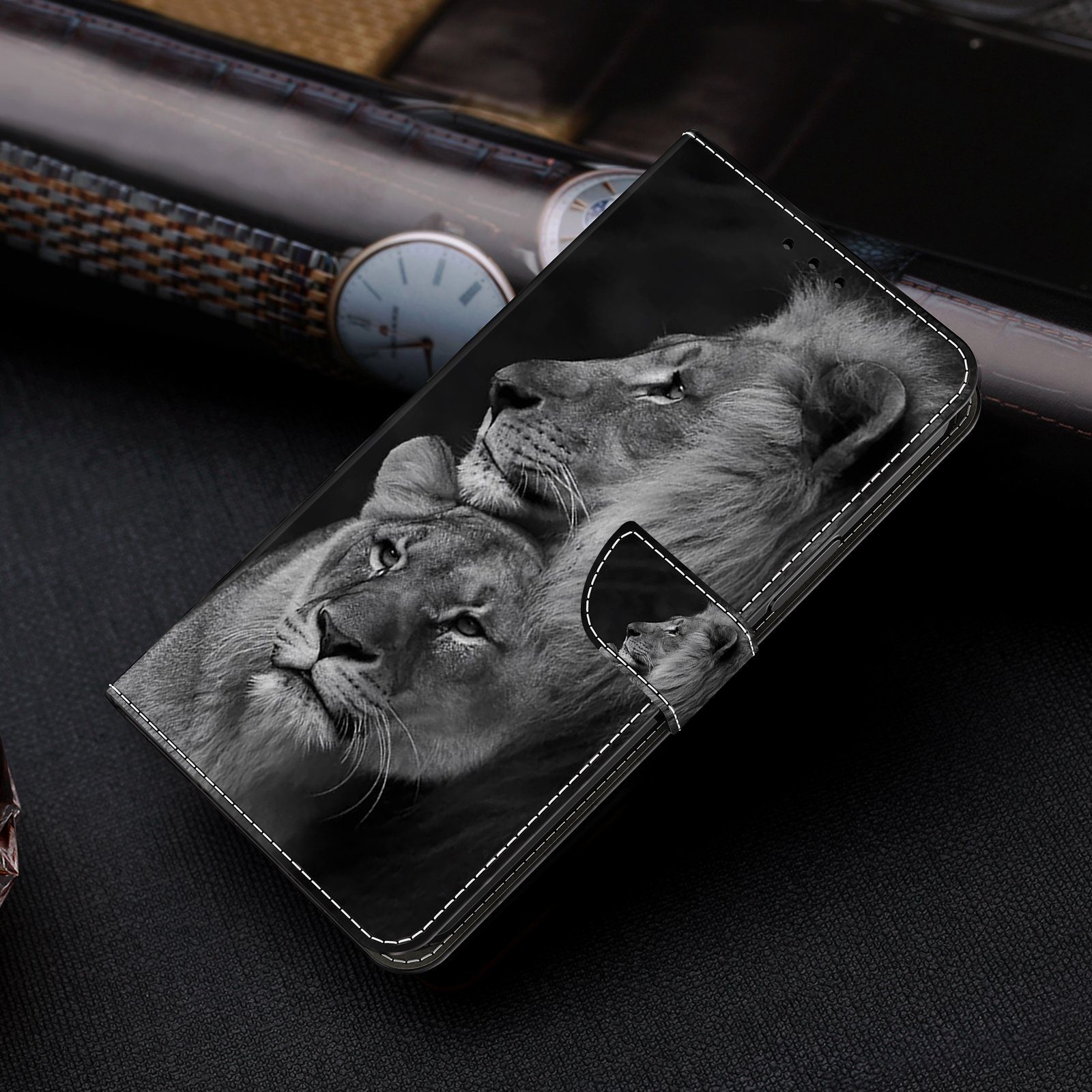 CLM-Tech Handytasche für Samsung Galaxy A57 5G Hülle aus PU-Leder Klapphülle (Löwe schwarz grau, 1-tlg., Flip Case), Magnetverschluss, Standfunktion und Kartenf – Bild 5 von 5
