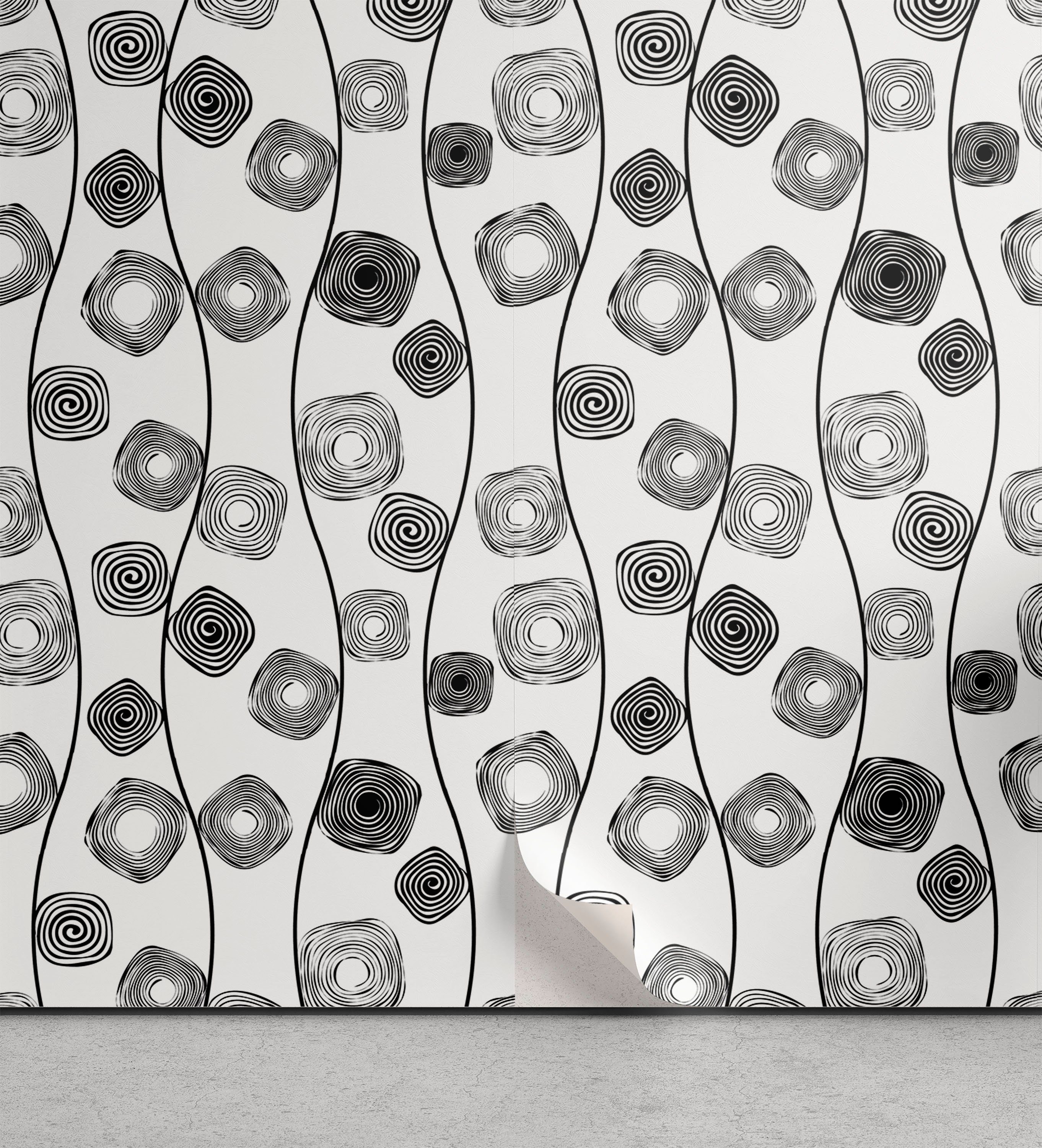Abakuhaus Vinyltapete selbstklebendes Wohnzimmer Küchenakzent, Schwarz und weiß Spiral Squares Kunst