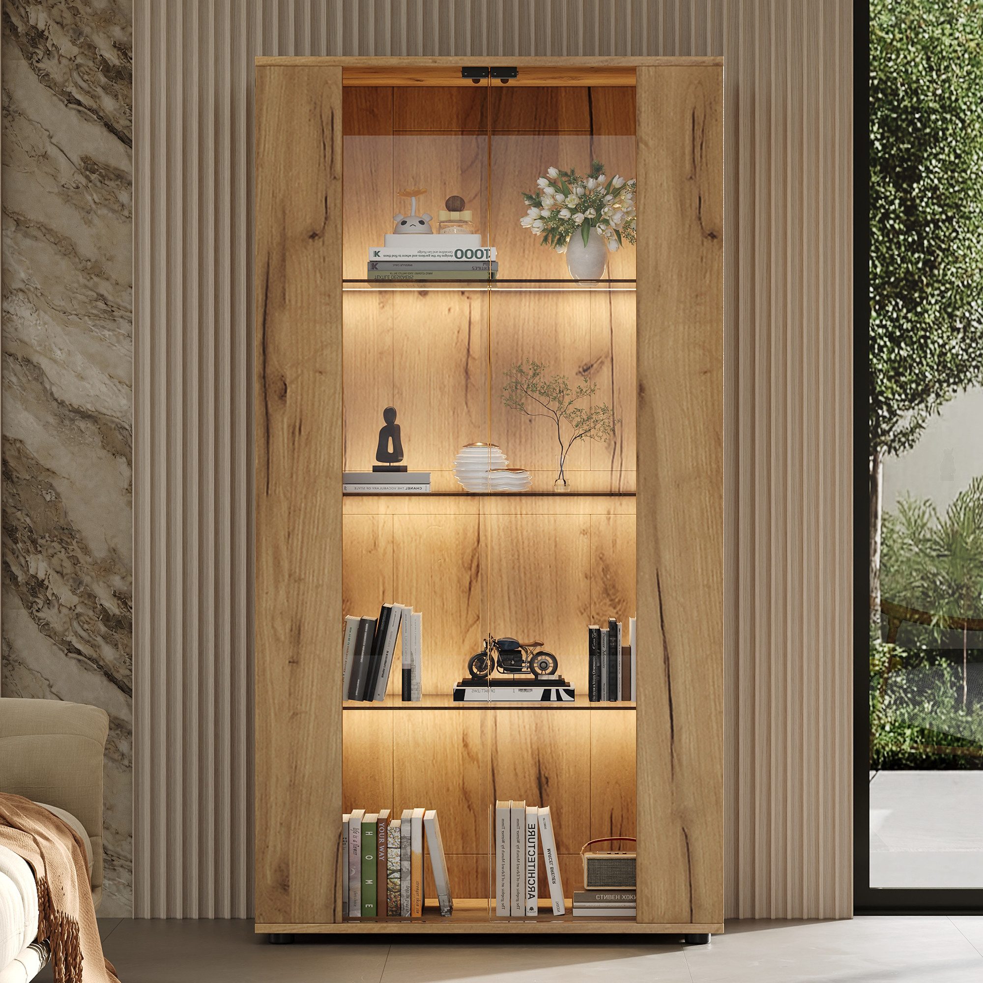 STILVORA Highboard Vitrine mit 2 Glastüren Hochschrank mit LED-Beleuchtung (Aufbewahrungsschrank mit Vitrinenfächern, 4 Ablagen, 2 transparente Fronten, verstellbares Licht, modernes Design), für Wohnzimmer, Flur und Schlafzimmer
