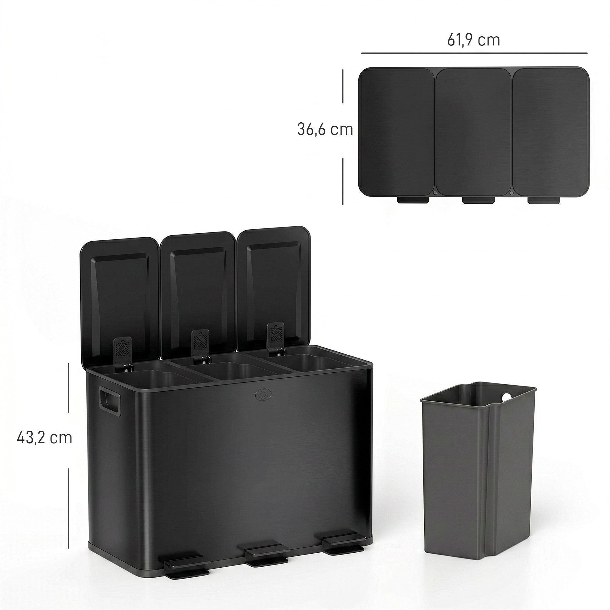 HOMCOM Mülltrennsystem Mülleimer Treteimer 3 Fächer inkl. Inneneimer, 61,9x36,6x43,2cm, Deodorant-Deckel, Edelstahl, Schwarz