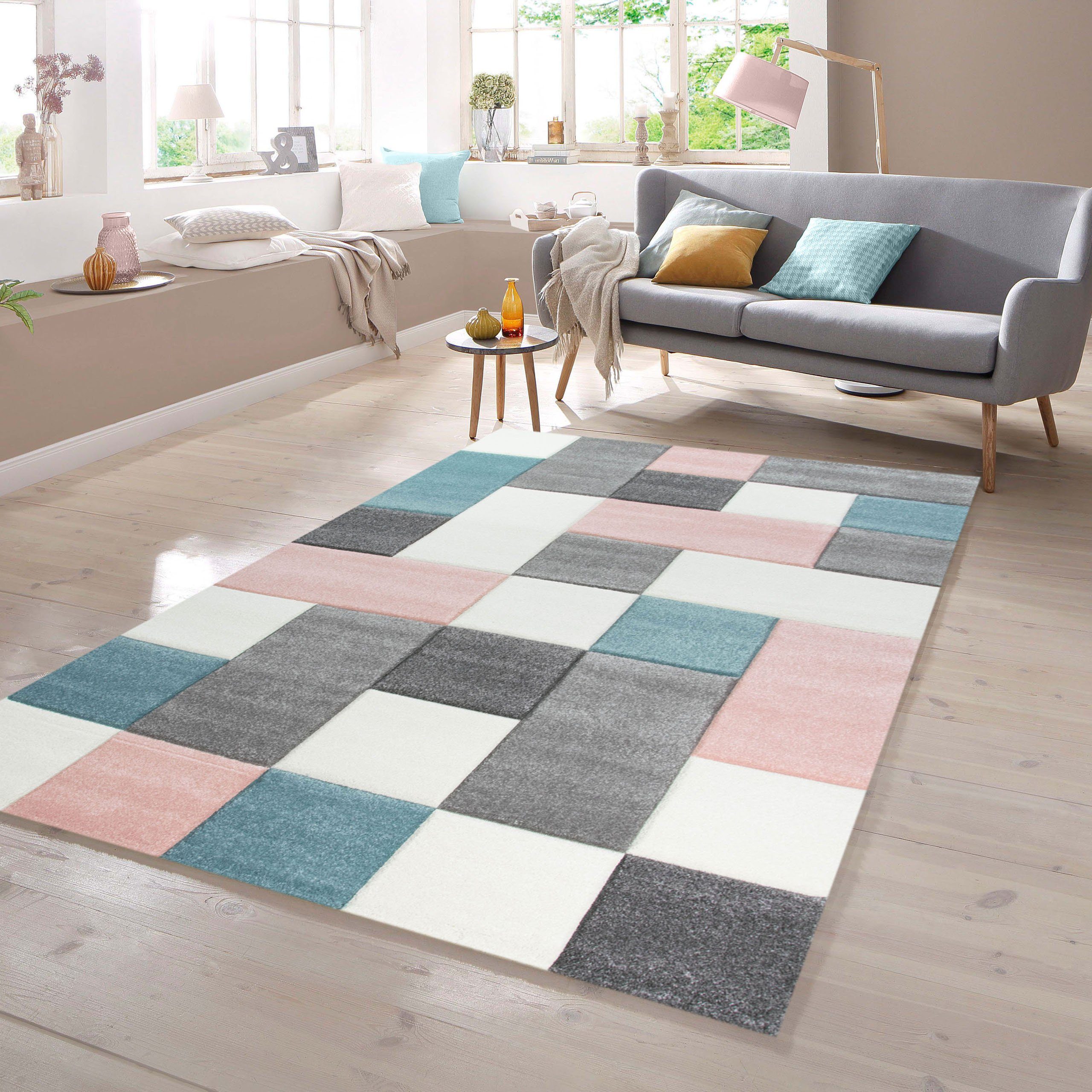 TeppichHome24 Teppich Teppich mit Karo Muster in Rosa Grau Türkis, rechteck günstig online kaufen