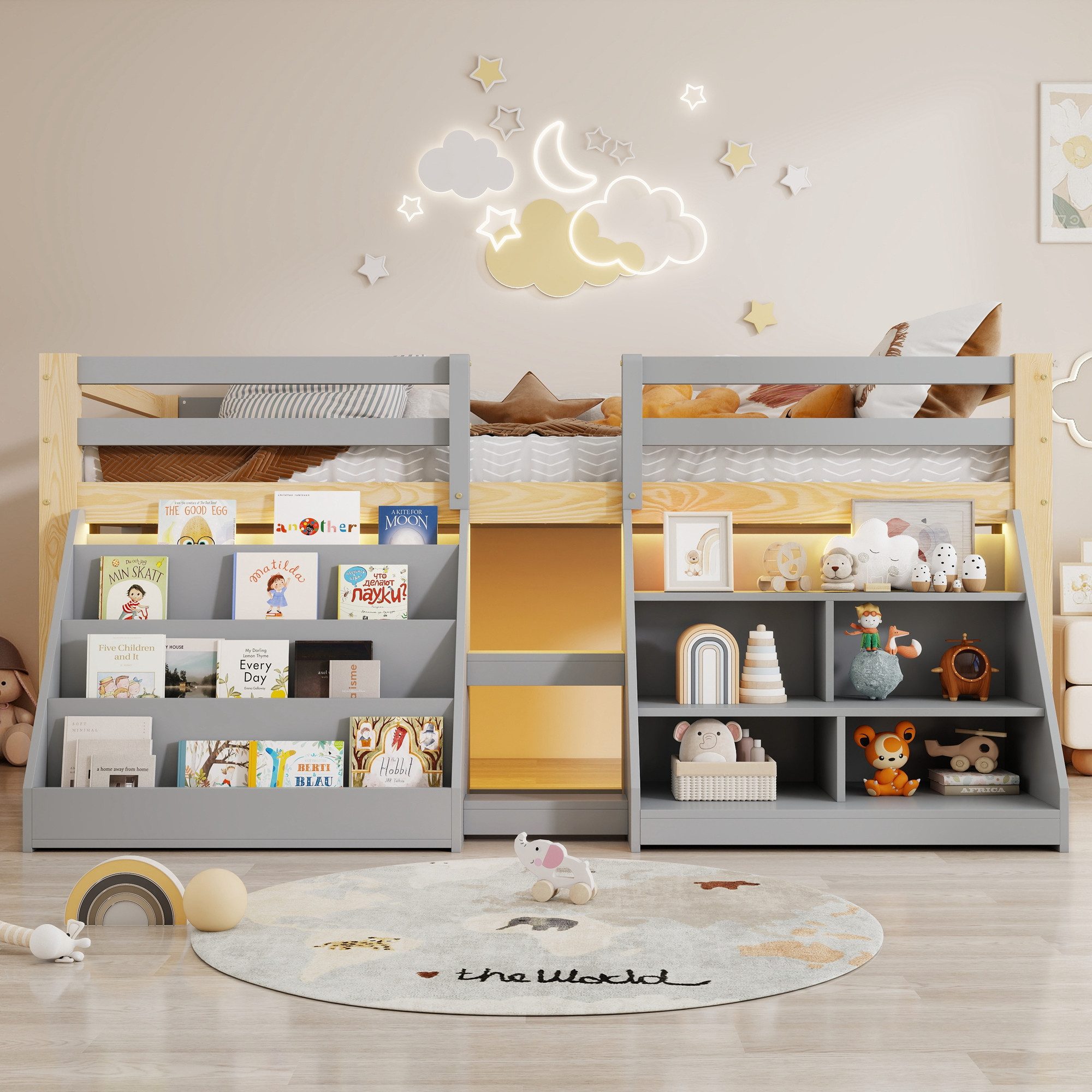 Flieks Hochbett Kinderbett Halbhochbett Holzbett 90x200cm mit 2 Stauraumregal und LED