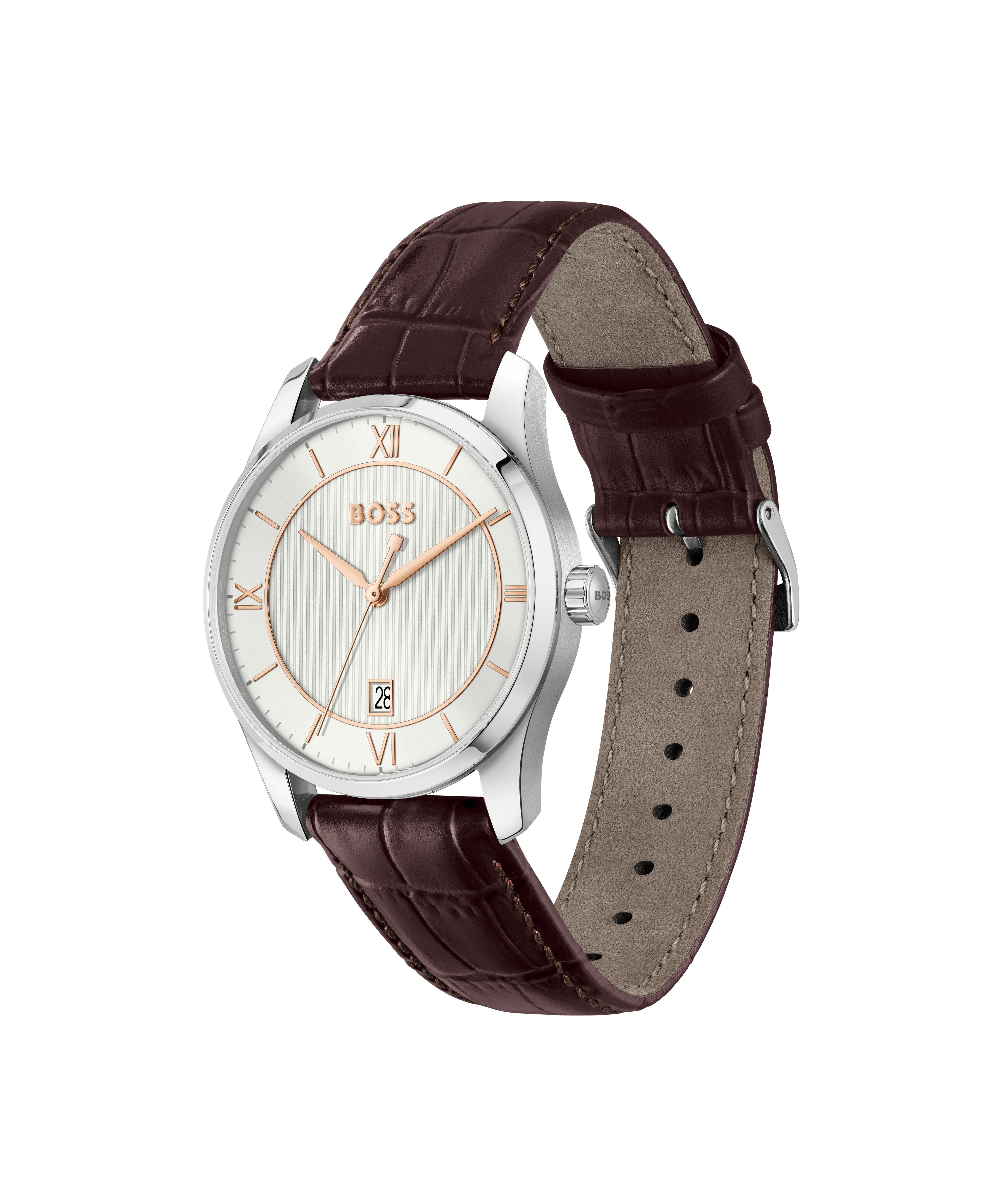BOSS Quarzuhr PRINCIPLE 1514363, Armbanduhr, Damenuhr, Herrenuhr, Lederarmband, analog, Tag