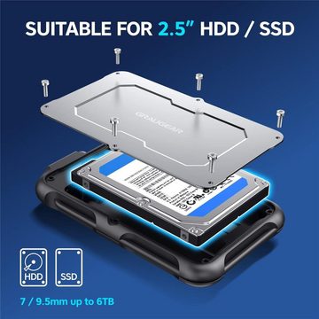 GRAUGEAR Festplatten-Gehäuse USB Type-C externes Gehäuse für 2,5“ SATA SSD, Festplatten Gehäuse für 2,5 Zoll, USB C, silber, wasserfest, IP66