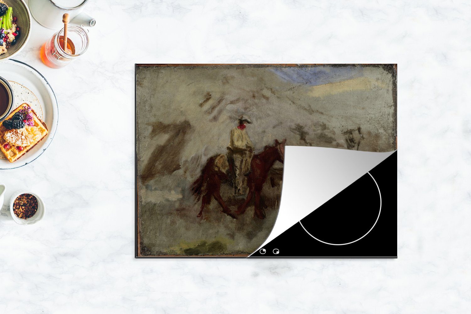 Arbeitsfläche Thomas Gemälde der nutzbar, in von MuchoWow Mobile Ceranfeldabdeckung (1 Herdblende-/Abdeckplatte Wildnis cm, 70x52 tlg), ein Vinyl, Eakins, Cowboys -
