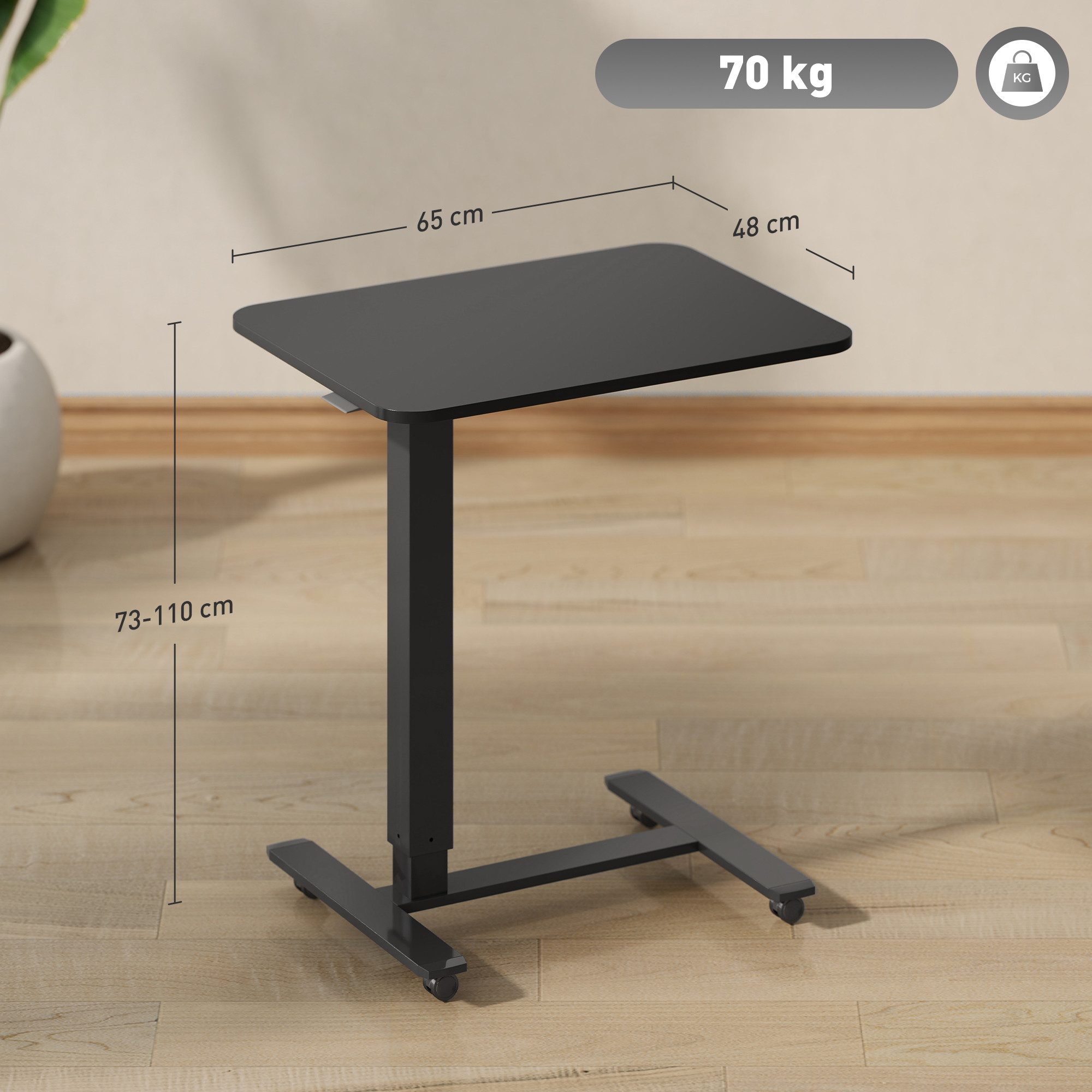 HOMCOM Schreibtisch Steh-Sitz mit 4 Rollen, 65x48x73-110cm, schwarz (Stehpult, 1-St., Höhenverstellbar C-förmig Computertisch), für Büro, Arbeitszimmer, Wohnzimmer, bis 70 kg belastbar, Schwarz