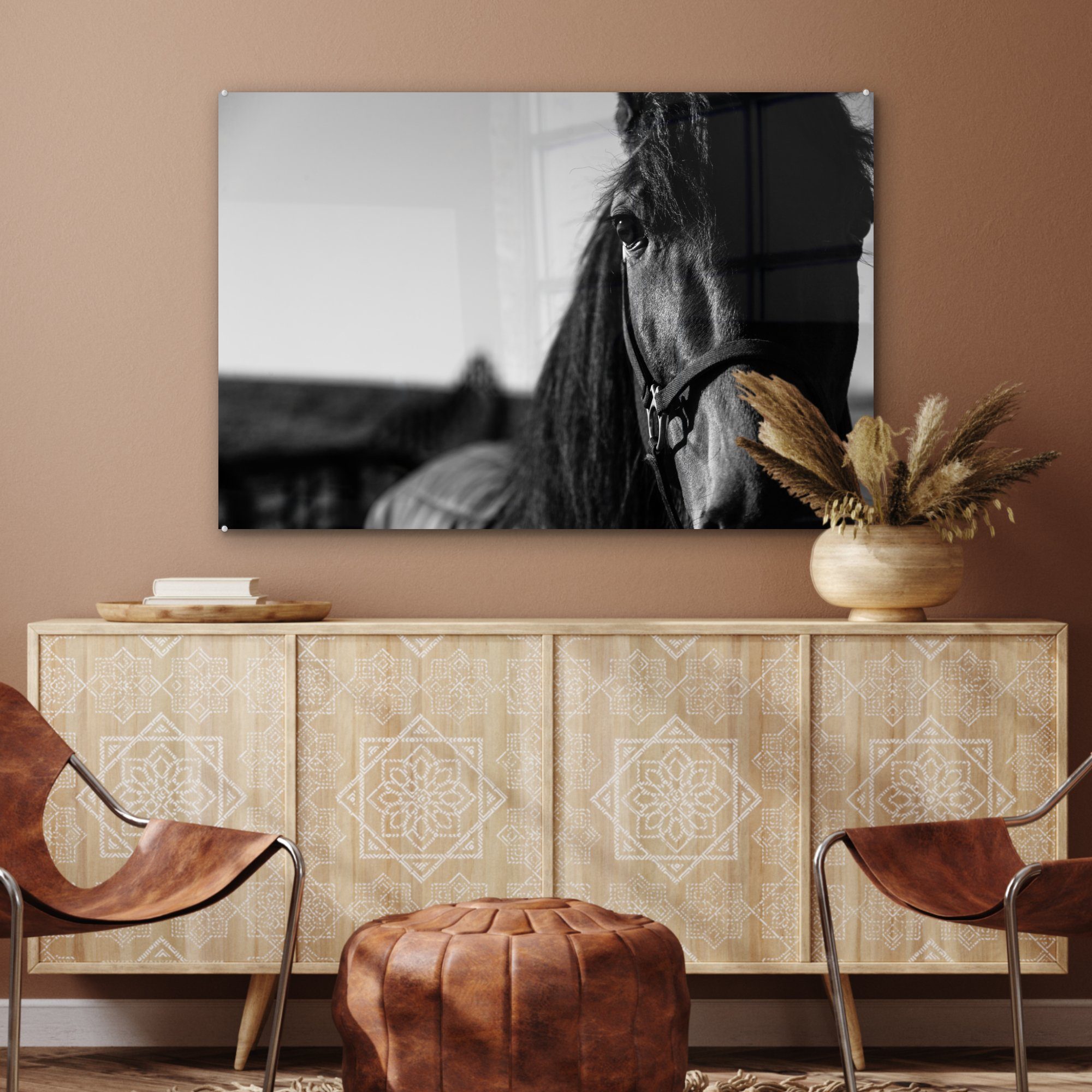 mit Wohnzimmer Halfter Pferdes eines (1 Schlafzimmer & Acrylglasbilder in schwarz-weiß, MuchoWow Nahaufnahme Acrylglasbild St),