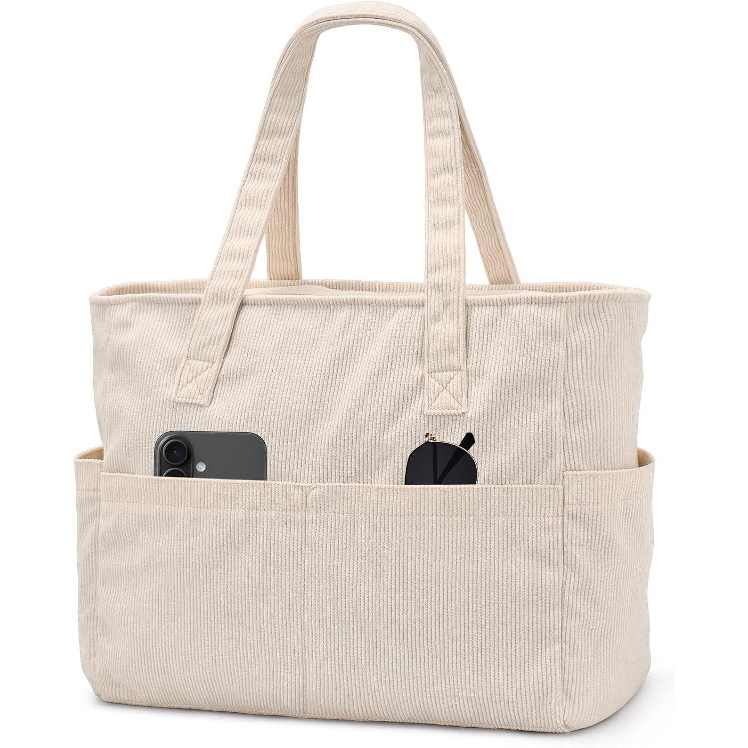 Handtasche Tasche Shopper Laptopfach Reißverschluss Damen Cord-beige