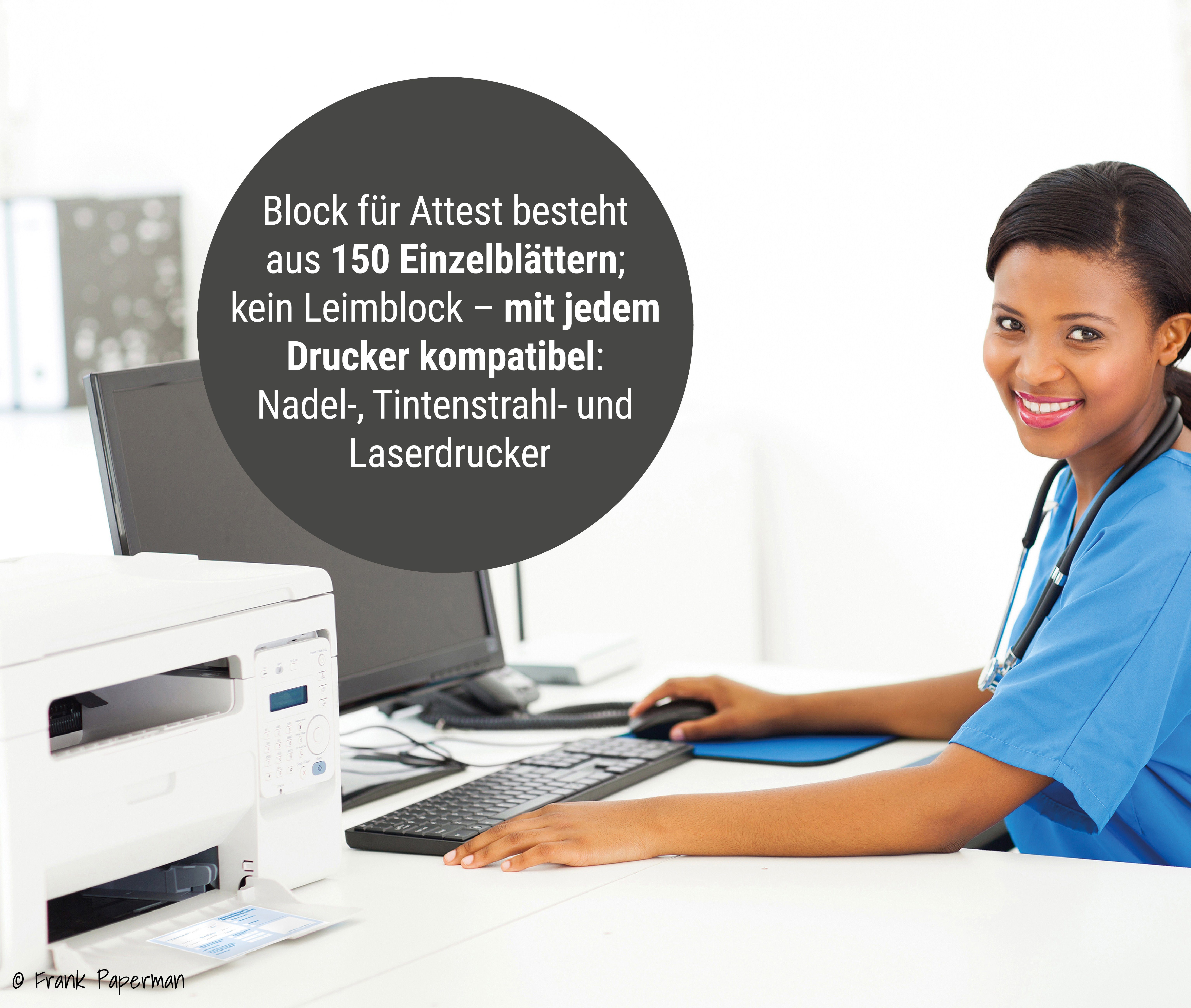 Frank Paperman Formularblock Attest für Krankschreibung, Vordruck Arbeitsunfähigkeitsbescheinigung, 100% Recyclingpapier, DIN-A6-Format, Private AU, Arzt Zubehör