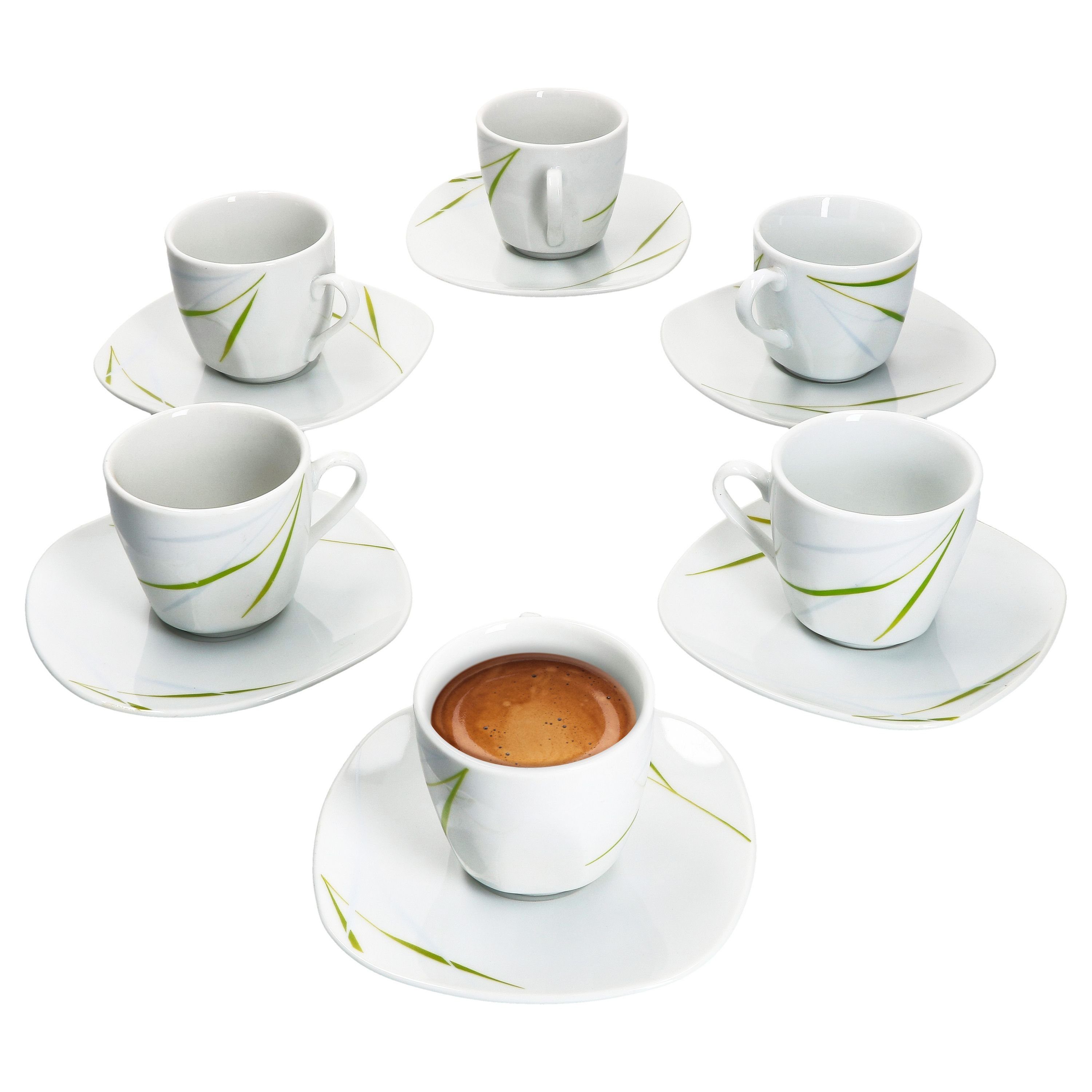 van Well Tasse 6er Set Espressotasse 10cl mit Espressountertasse 12,1cm Aviva, Porzellan