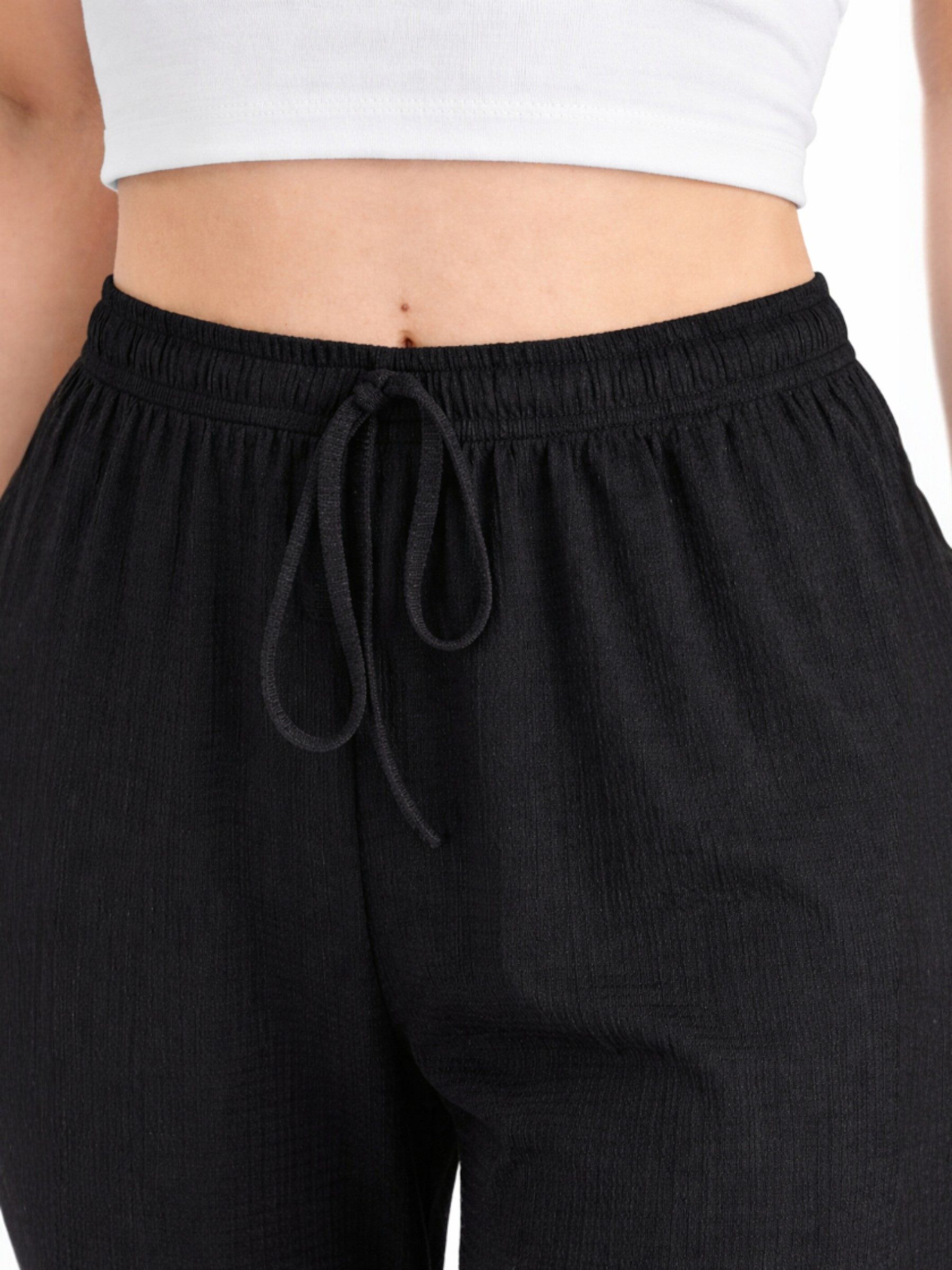 fashionshowcase Palazzohose Damen Crinkle Stoffhose elastischer Bund Tunnelzug weites Bein hoher Bund, elastischer Tunnelzug