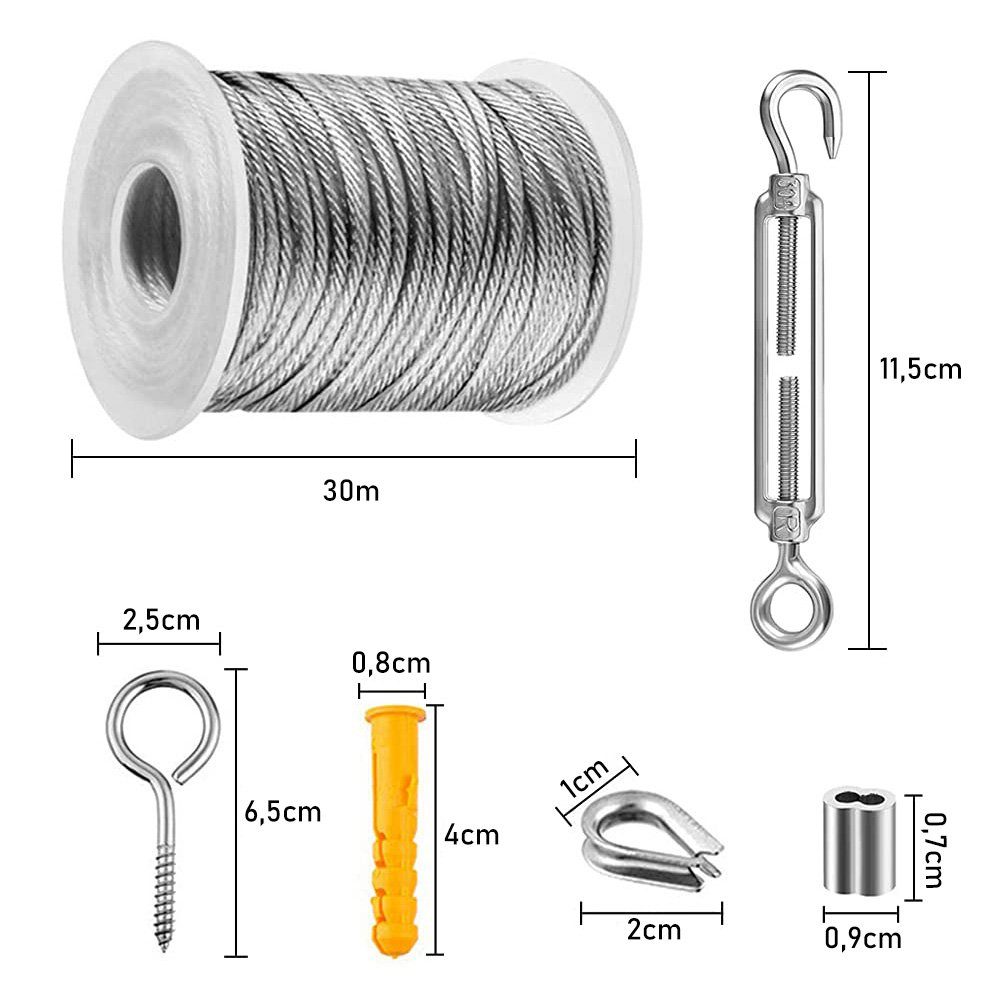 zggzerg 56 Stück M5 Haken, 30M mit (56-tlg) Ösen Drahtseil Spannschloss Drahtseil Stahlseil Set