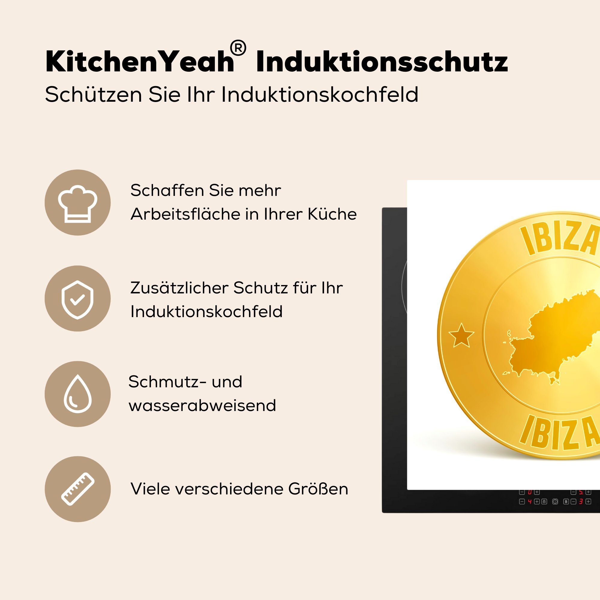 küche für Vinyl, Ibiza, 78x78 (1 MuchoWow tlg), Arbeitsplatte aus Goldmünze cm, einer Ceranfeldabdeckung, Herdblende-/Abdeckplatte Illustration