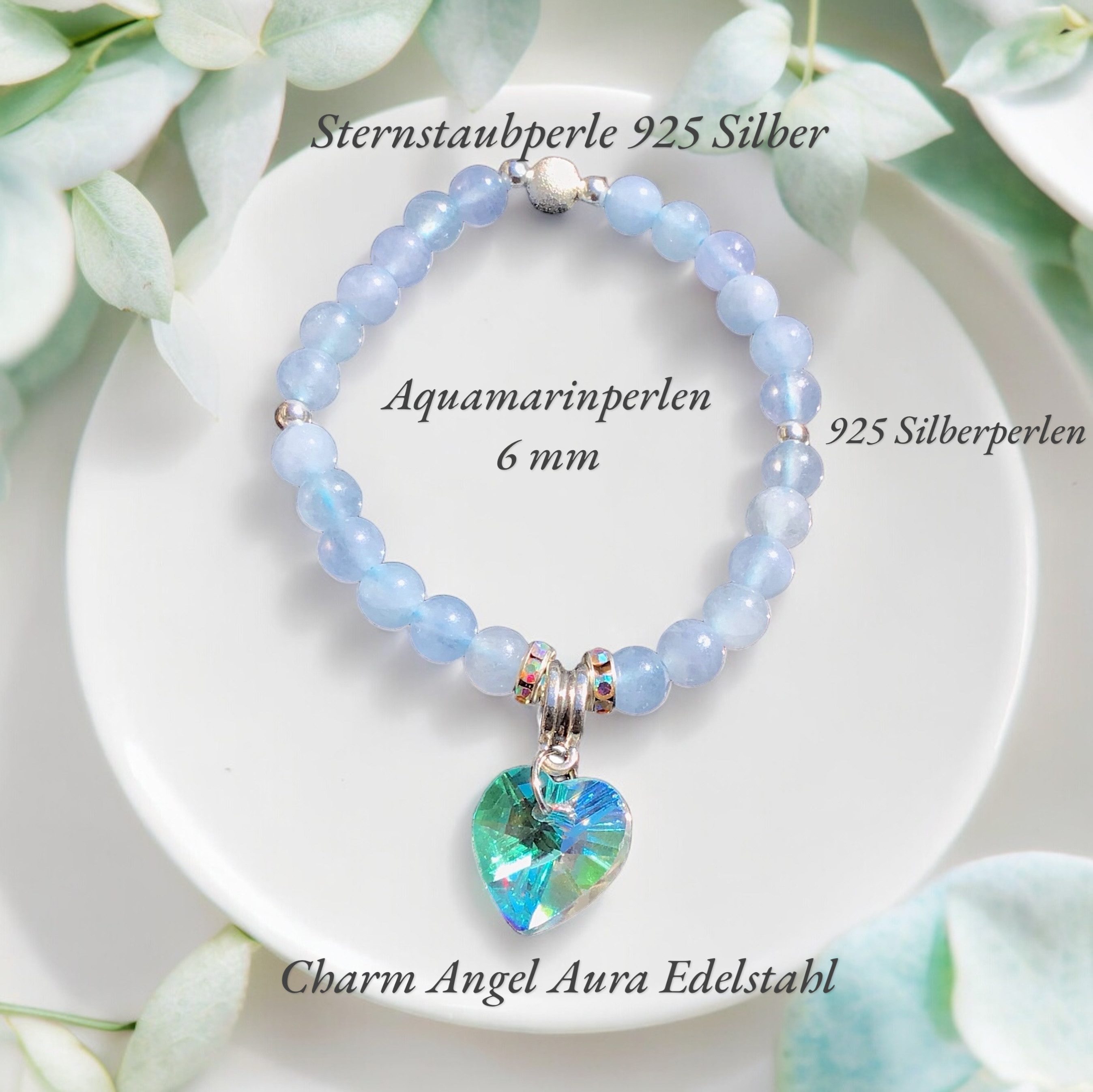 Steinfixx® Perlenarmband Aquamarin Armband mit Aura Herz Größe M (entzückend und edel, 1-tlg., 16-17 cm, Perlen 4-6mm), Edelsteinarmband inclusive edler Geschenkbox