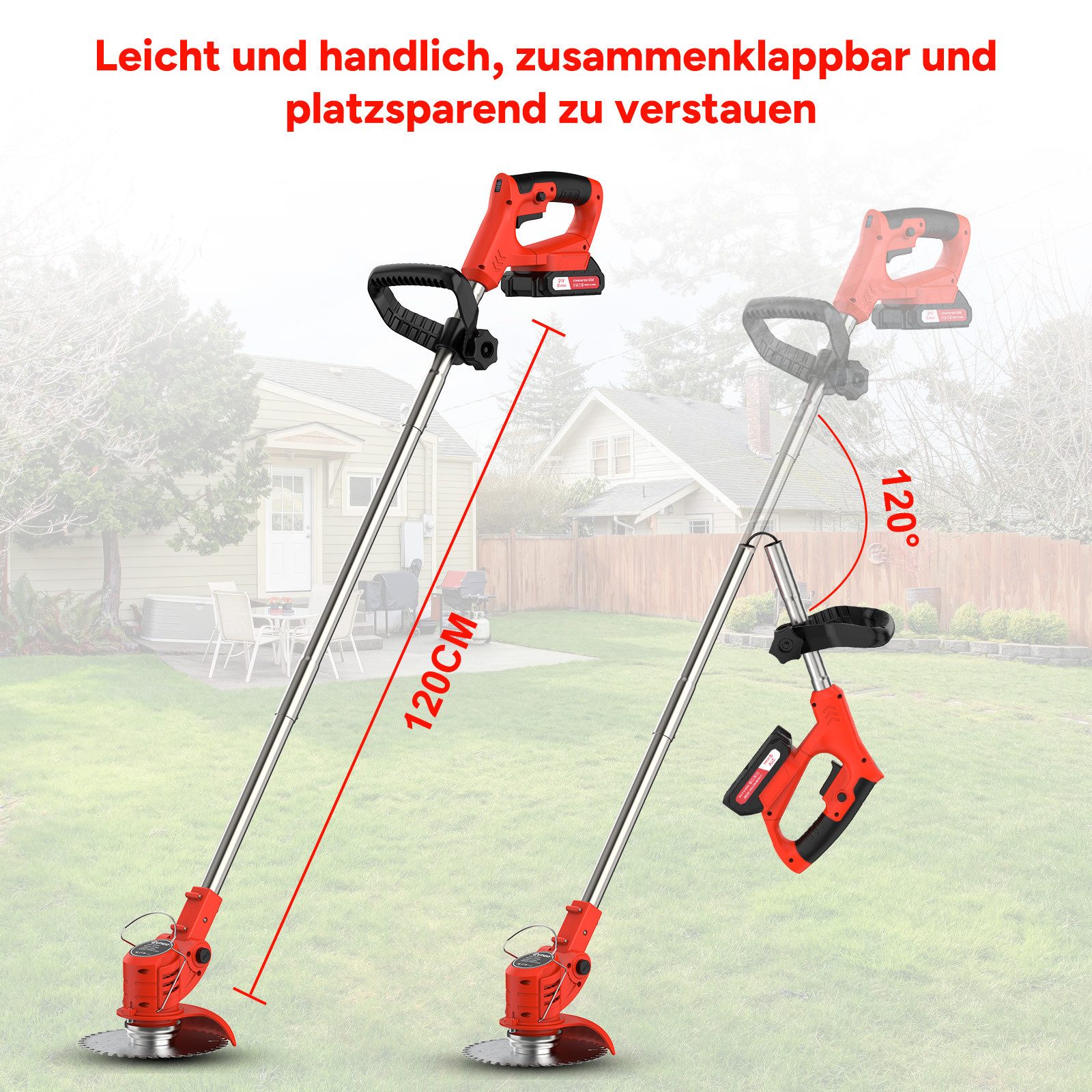 OUTIGO Akku-Rasentrimmer mit 2 x 1.5Ah Akkus 21V, Akku-Gartentrimmer, 4 Ersatzklingen, Akkurasenmäher, Feste Länge 120 cm